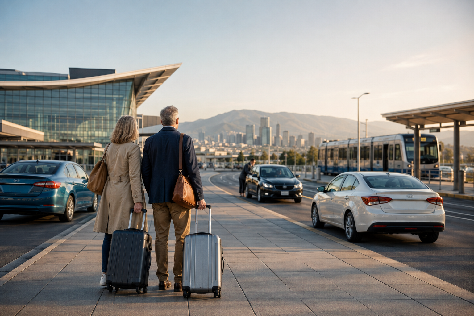 Mature couple with rolling luggage considering cars and airport rail outside a modern terminal.