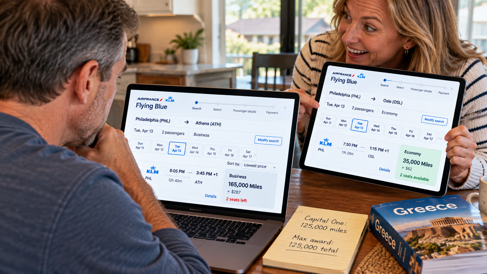 Couple planning a Greece vacation compares an expensive Flying Blue business-class award from Philadelphia to Athens with a much cheaper economy award from Philadelphia to Oslo.