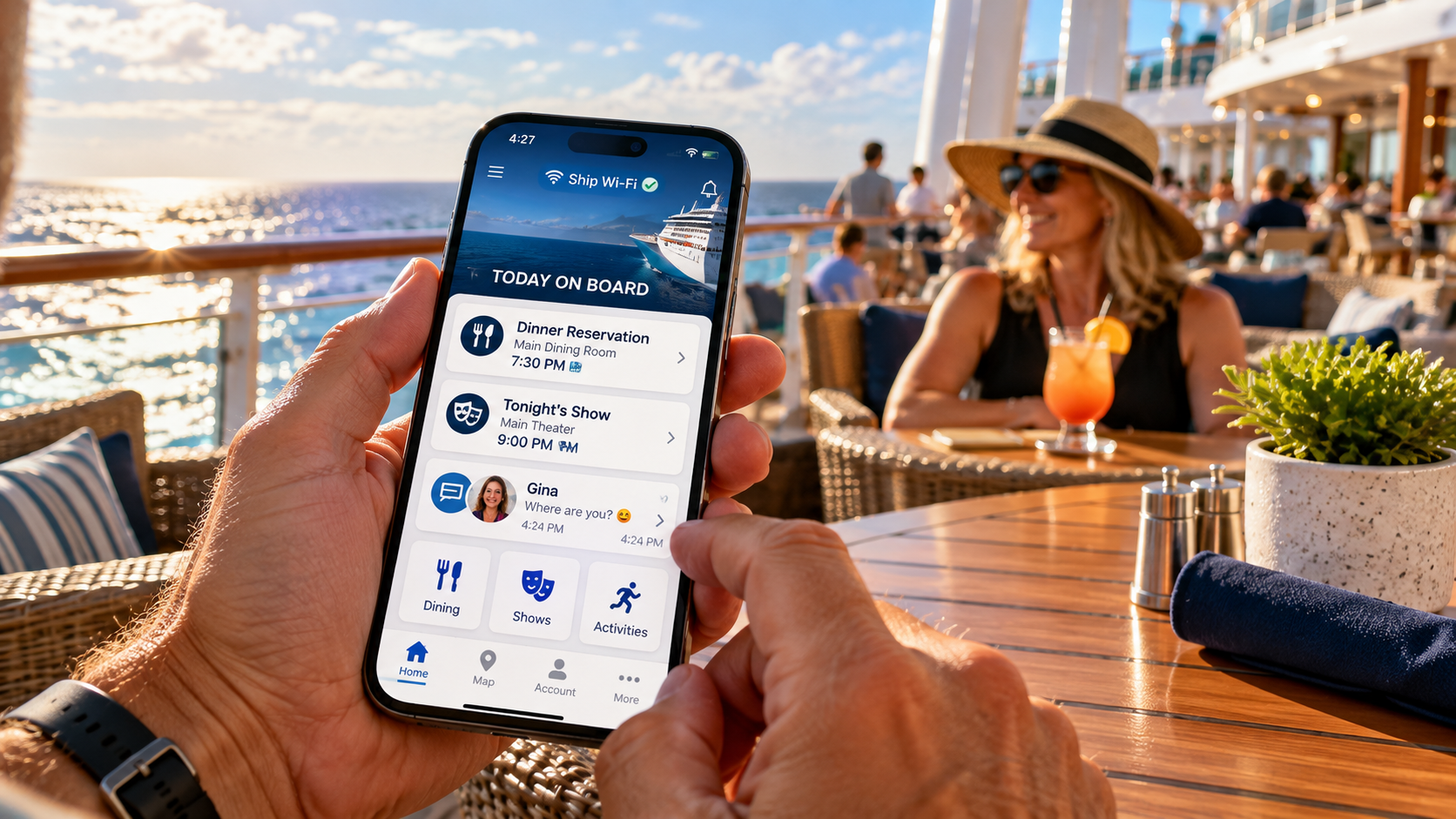 Cruise passenger using a ship's mobile app to view dining reservations, entertainment schedules and onboard messaging without purchasing internet access.