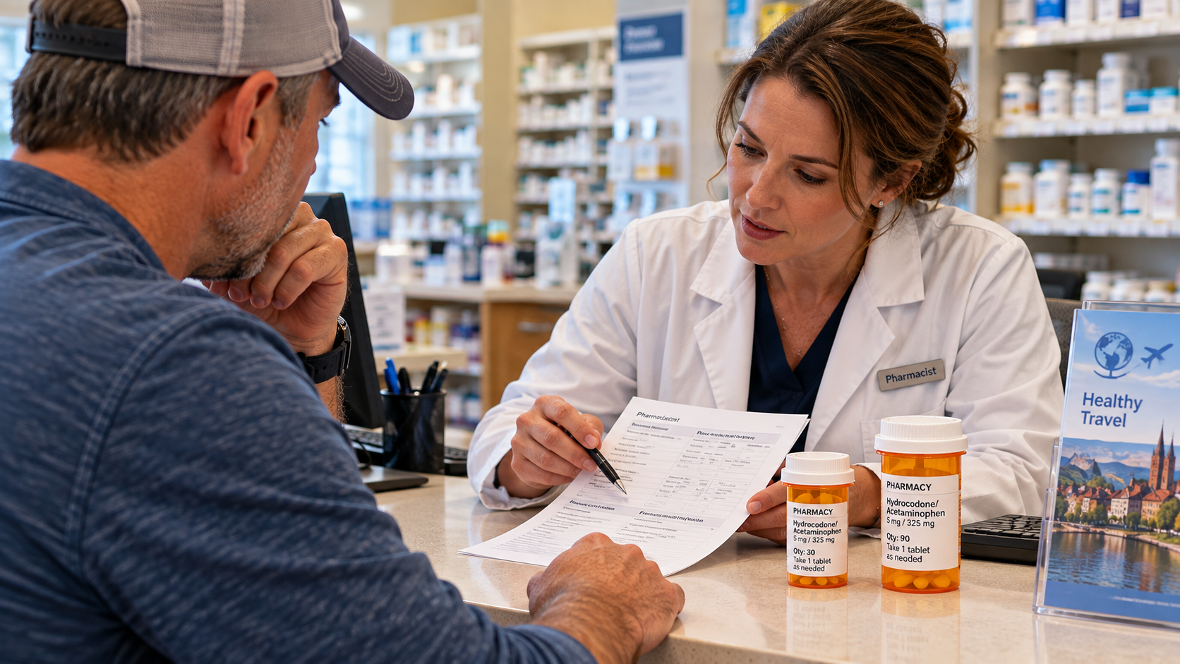 Traveler speaking with a pharmacist about prescription medication quantities and documentation before an international trip.