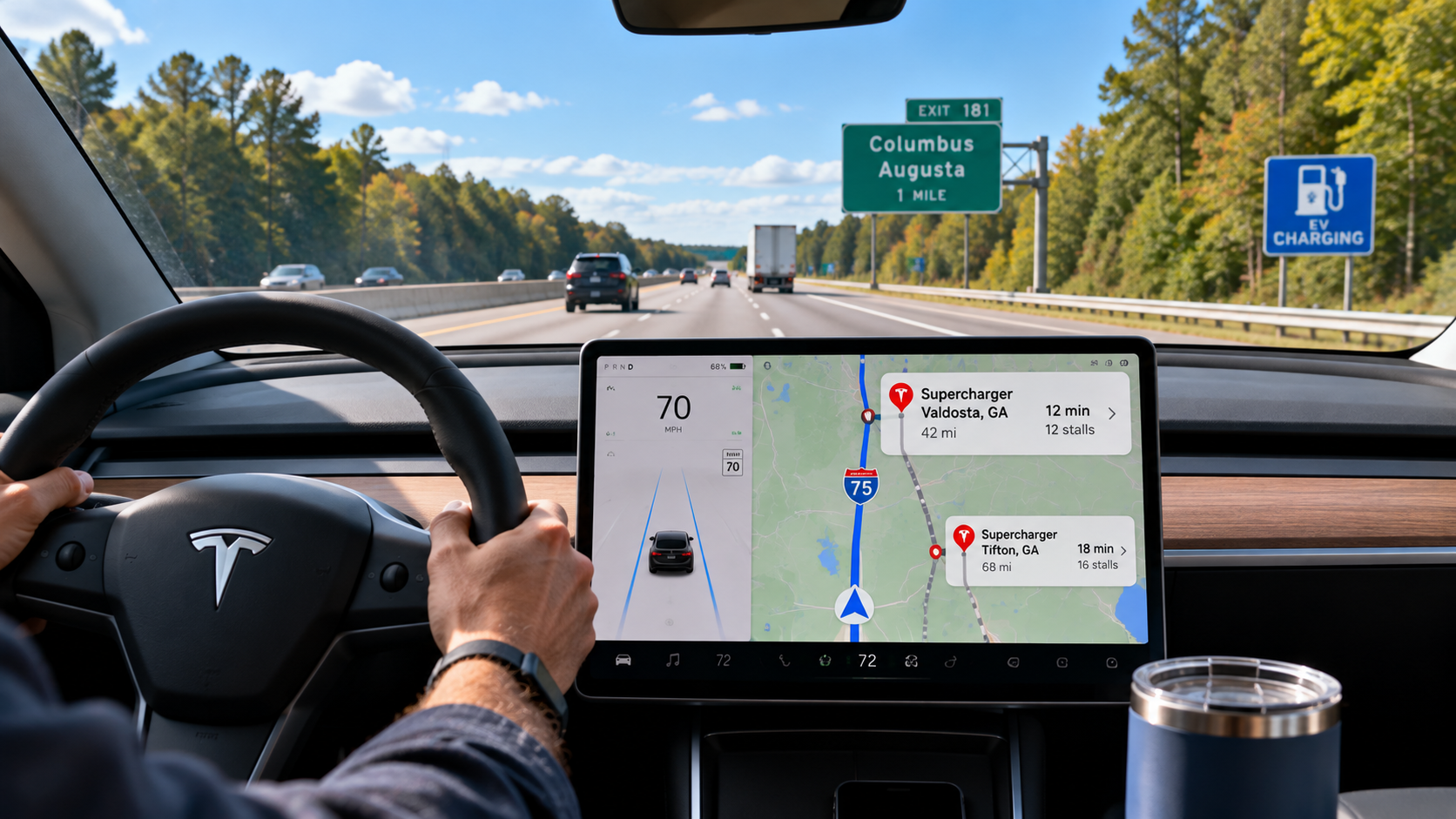 Driver’s-eye view from a Tesla on an ordinary interstate with navigation showing the planned charging stop and a nearby backup option.