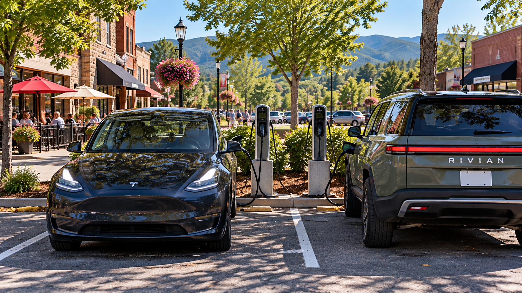 Dark Tesla Model Y and Rivian charging at side-by-side public Level 2 stations near restaurants and shops in a small North Georgia town.
