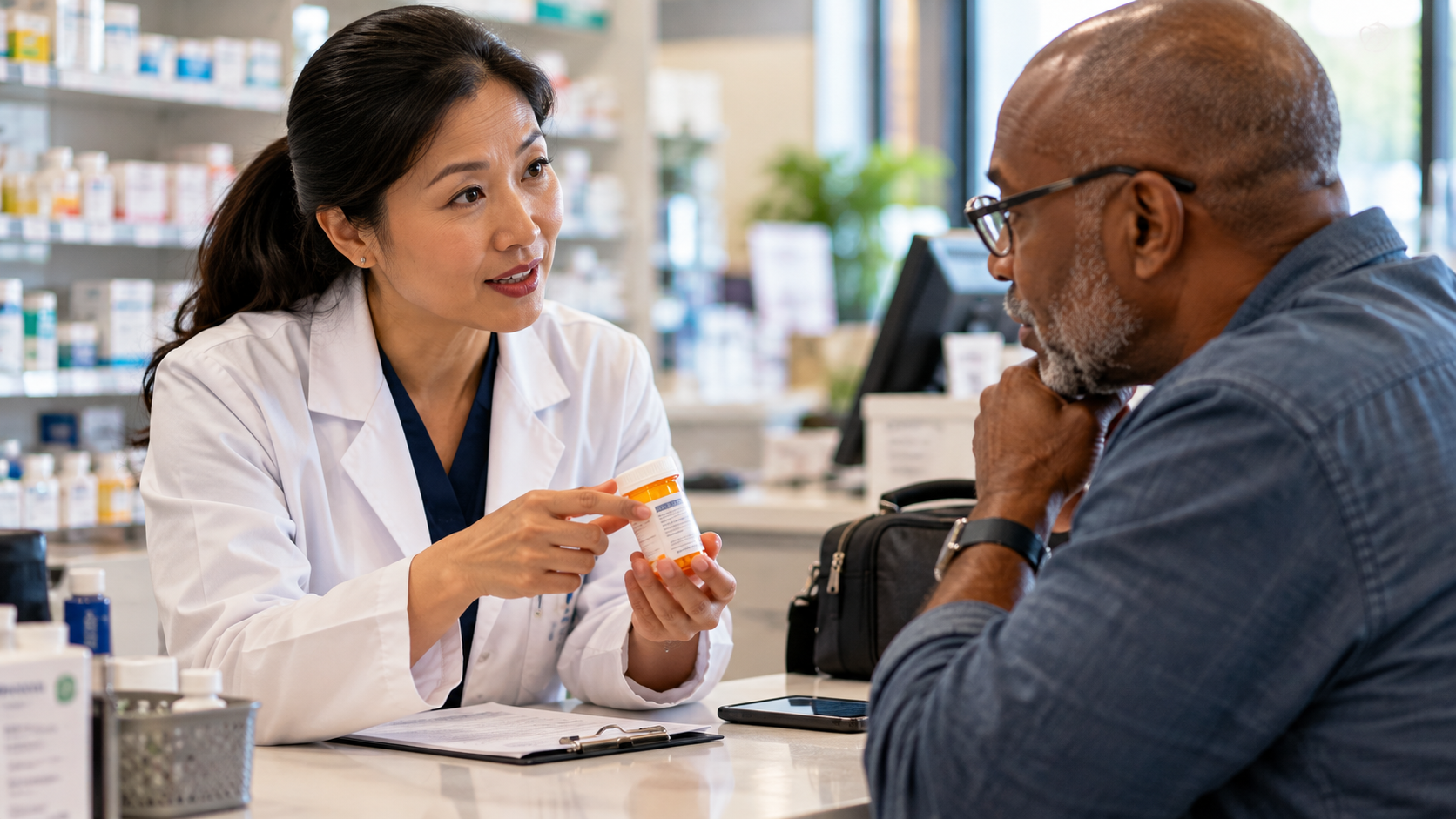 Pharmacist explaining prescription medication timing to a traveler preparing for a trip across time zones.