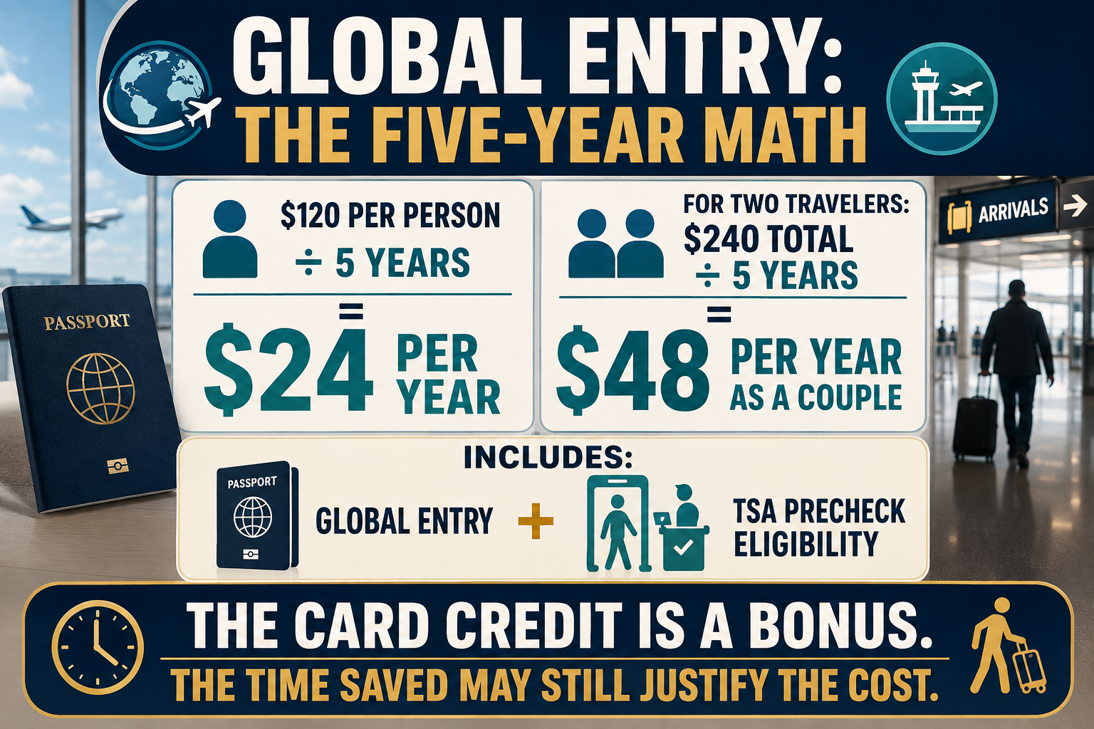 Global Entry cost calculation showing that a $120 five-year membership equals $24 per year for one person or $48 per year for a couple paying $240.