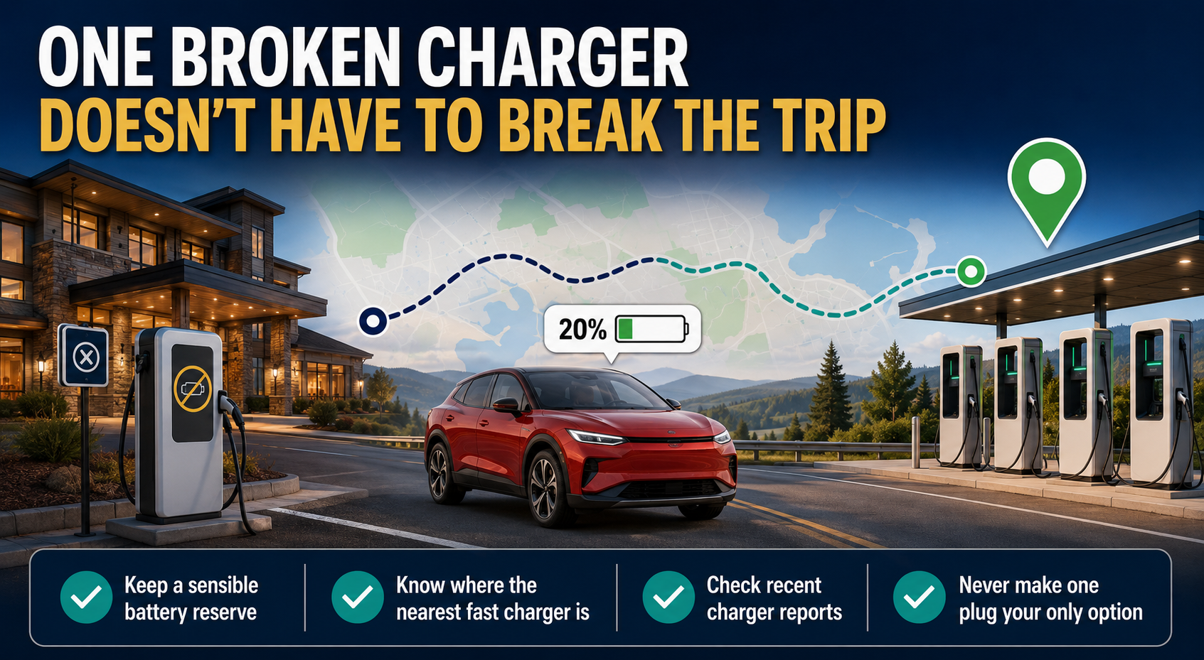 Backup charging plan showing another fast charger near a hotel with an inoperable Level 2 charger.