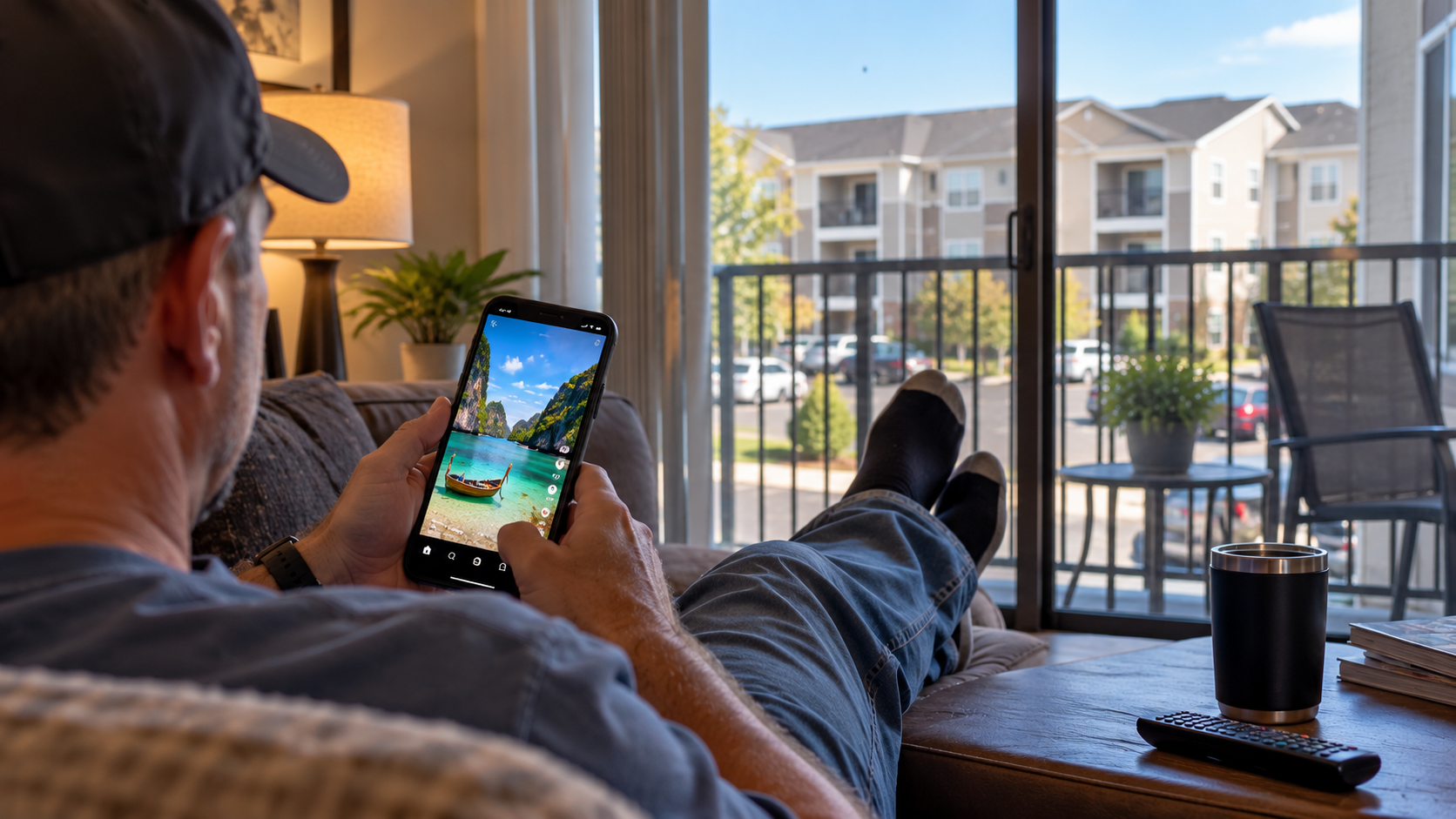 Person sitting in an apartment scrolling through tropical vacation imagery on a smartphone, with neighboring apartment buildings visible through the sliding glass door.