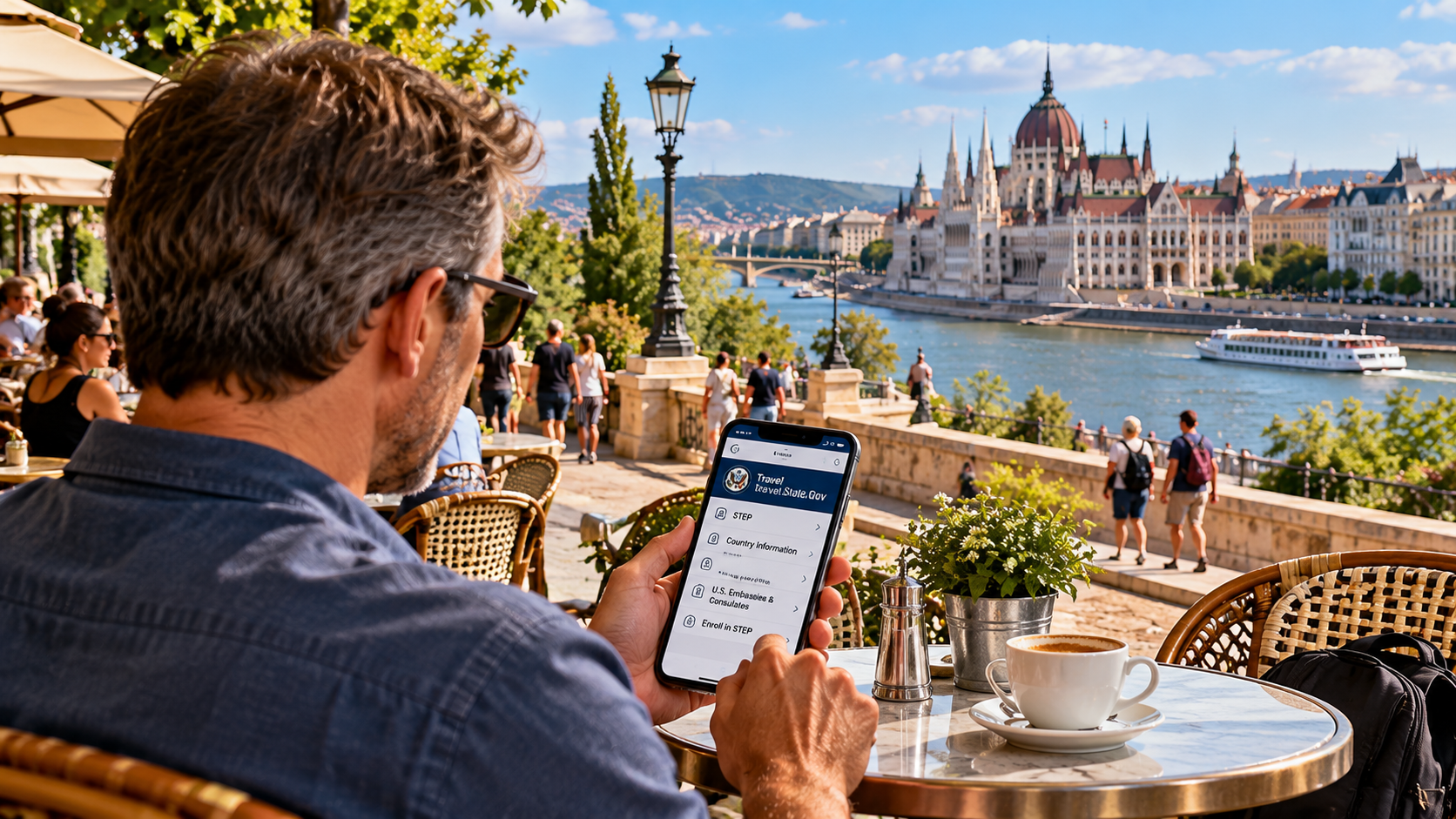 Traveler checking U.S. State Department STEP information on a smartphone while enjoying coffee at a Budapest riverside café, with the Hungarian Parliament and Danube River in the background.
