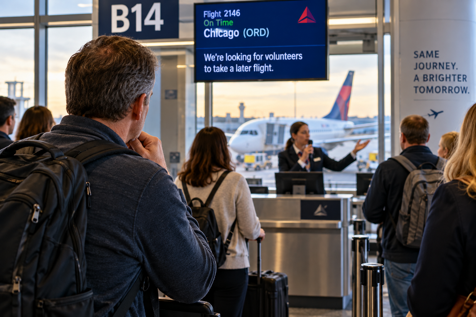 Traveler considering an airline's offer for volunteers to give up their seats and take a later flight.