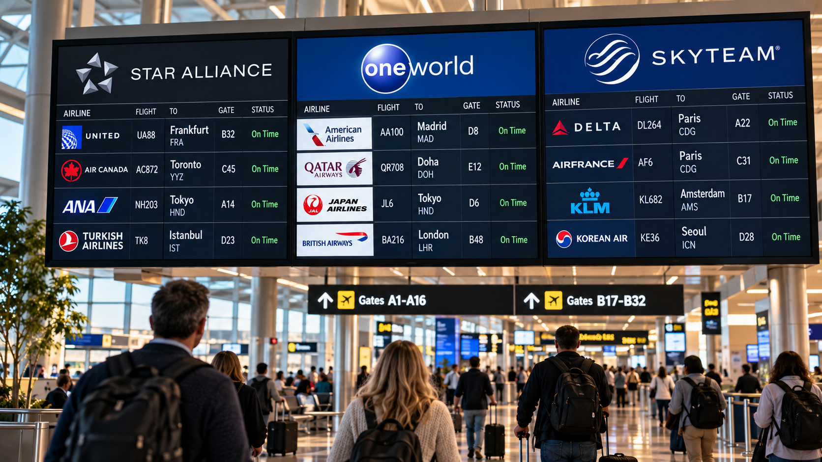 Airport departures board illustrating Star Alliance, oneworld and SkyTeam with representative member airlines and international routes.