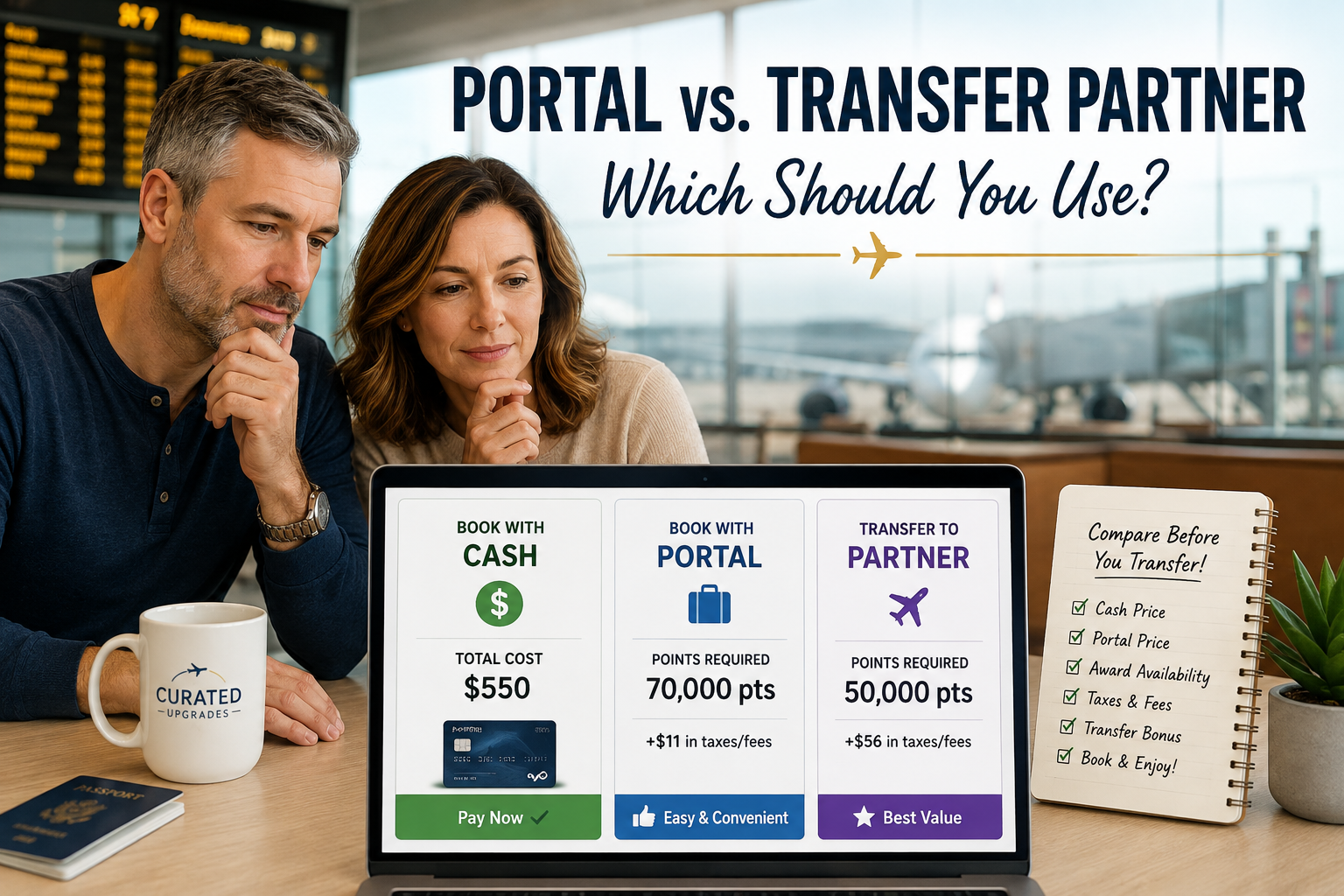 Travelers comparing cash, credit card travel portal points and transfer partner points before booking a flight.