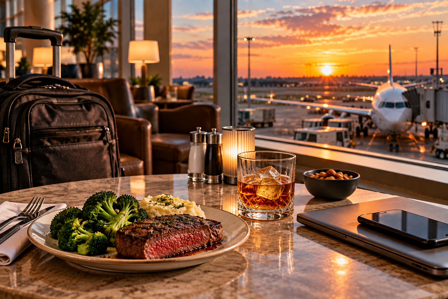 A medium-rare steak, broccoli and bourbon served in an airport lounge overlooking aircraft at sunset.
