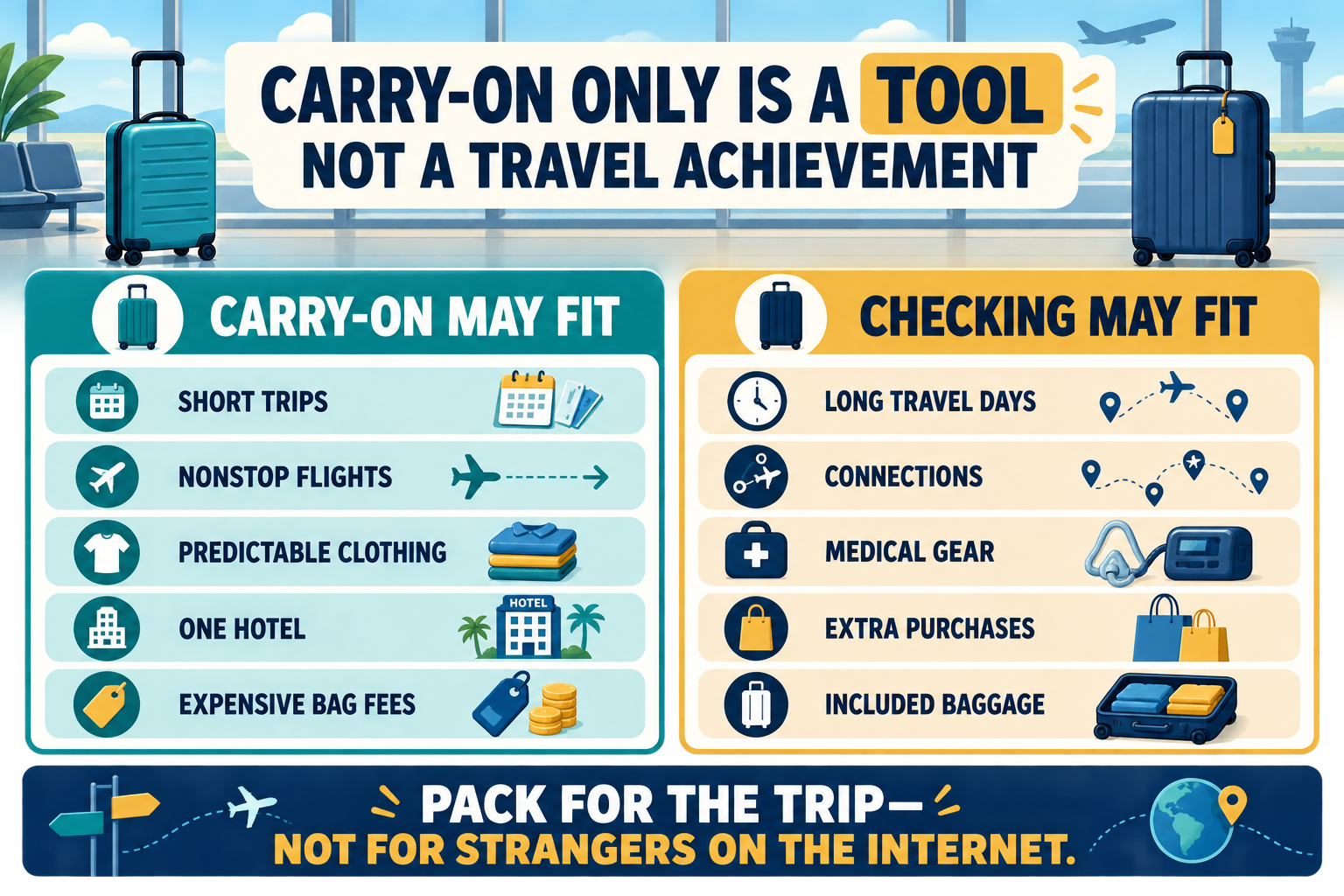 Comparison showing that carry-on luggage may fit short nonstop trips with expensive baggage fees, while checking luggage may fit long travel days, connections, medical equipment, extra purchases and trips with included baggage.
