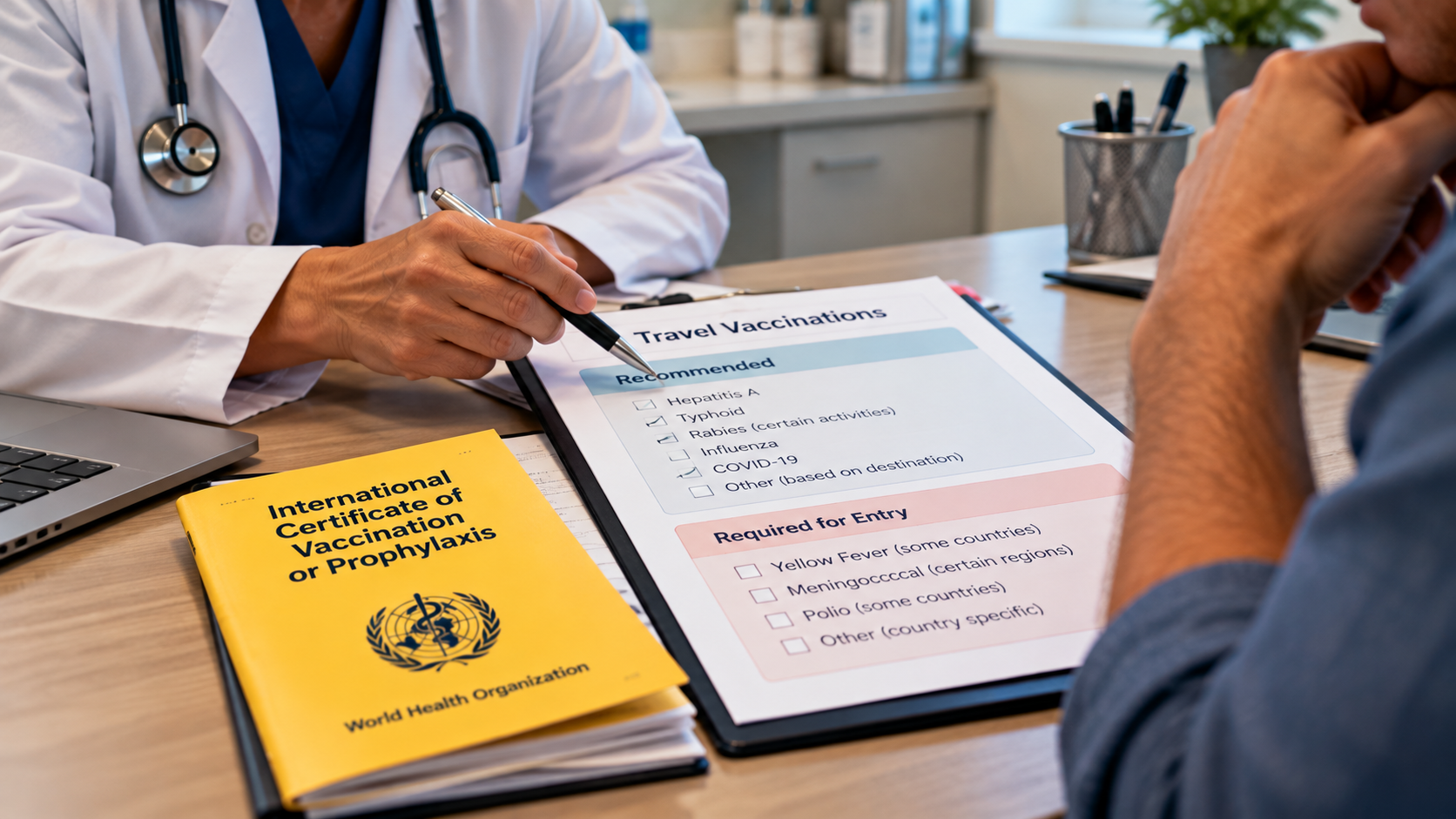 A healthcare professional reviews recommended vaccinations and entry requirements with a traveler during a travel health consultation.