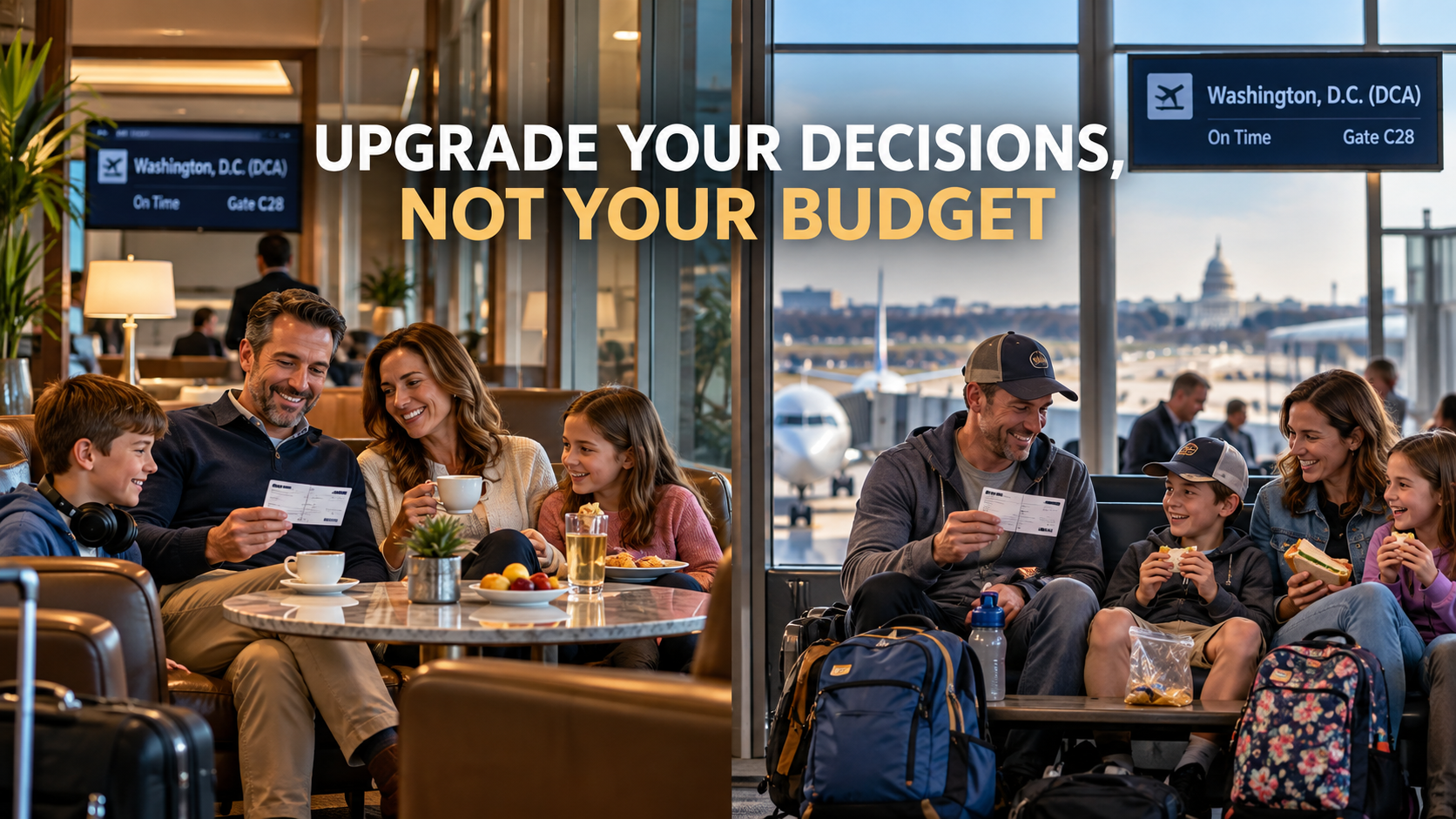 Two happy families preparing for the same flight to Washington, D.C., one relaxing in an airport lounge and the other enjoying sandwiches near the gate, illustrating how different travel choices can be equally rewarding.