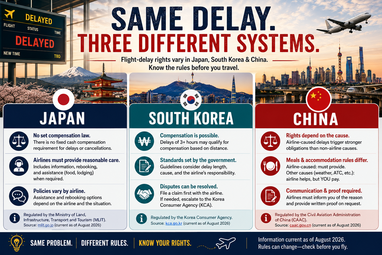 Comparison of flight-delay protections in Japan, South Korea and China, showing how passenger rights and airline responsibilities differ among the three countries.