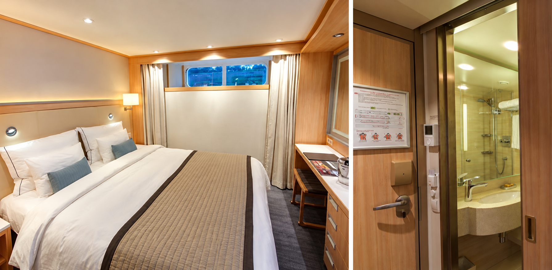 Standard stateroom aboard Viking Ingvi with a double bed, light wood furnishings, and a small fixed window overlooking the river.
