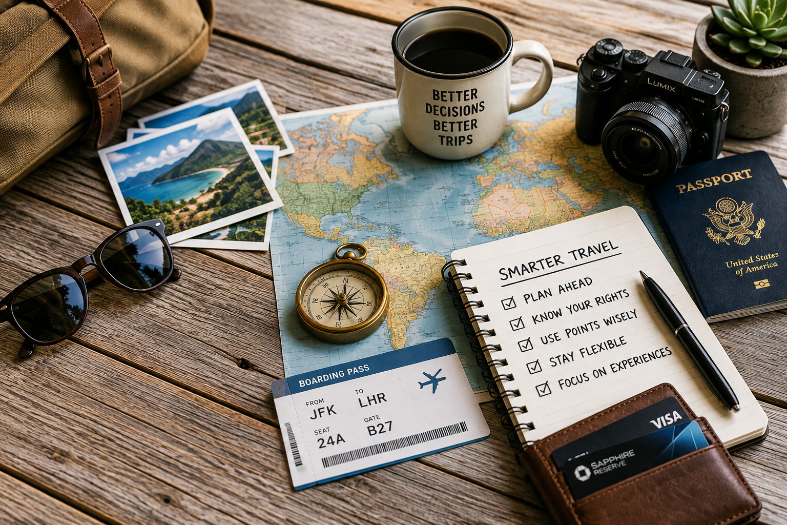 Travel-planning essentials arranged on a map, including a compass, boarding pass, notebook, coffee and sunglasses.