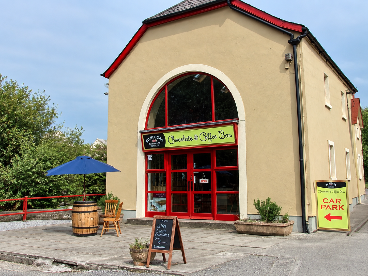 Exterior of the Kilbeggan Chocolate & Coffee Bar in Ireland, an unplanned stop discovered during an Ireland road trip.
