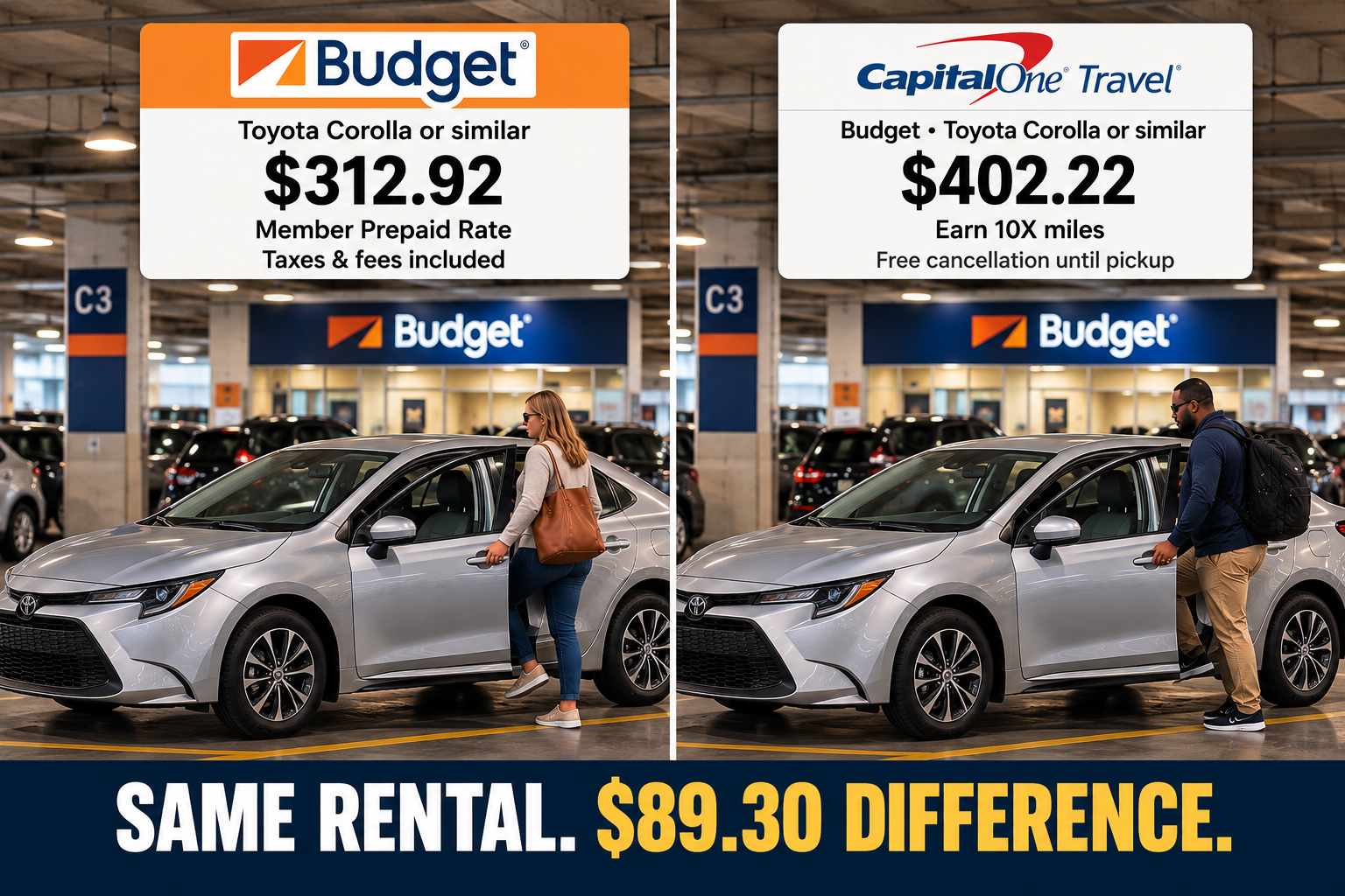 Side-by-side comparison of a Budget Toyota Corolla or similar at Santa Fe, costing $312.92 when booked directly with Budget and $402.22 through Capital One Travel.