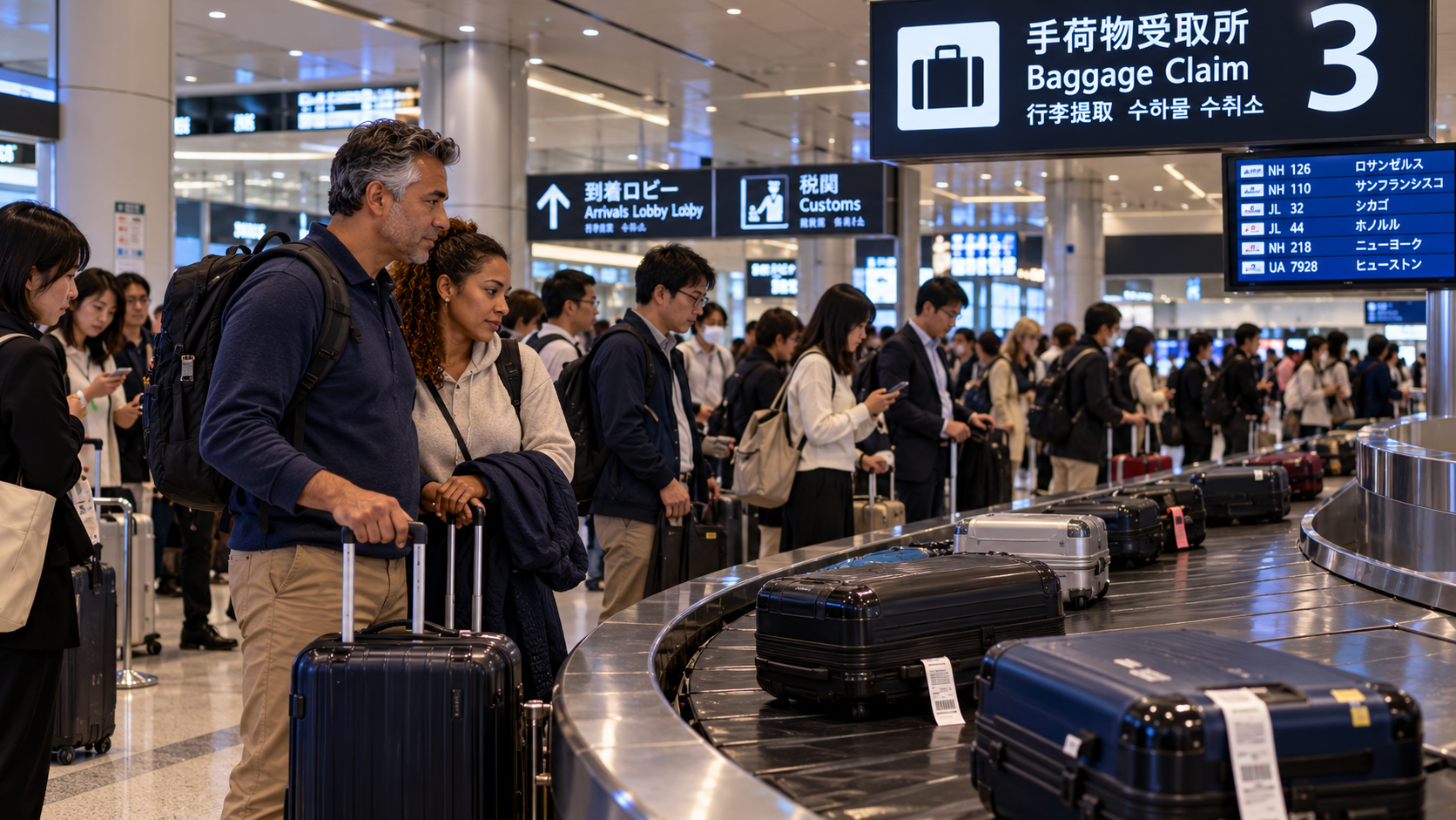 Alt text: A tired couple waits for their luggage at Tokyo Haneda Airport's baggage carousel among other international travelers.