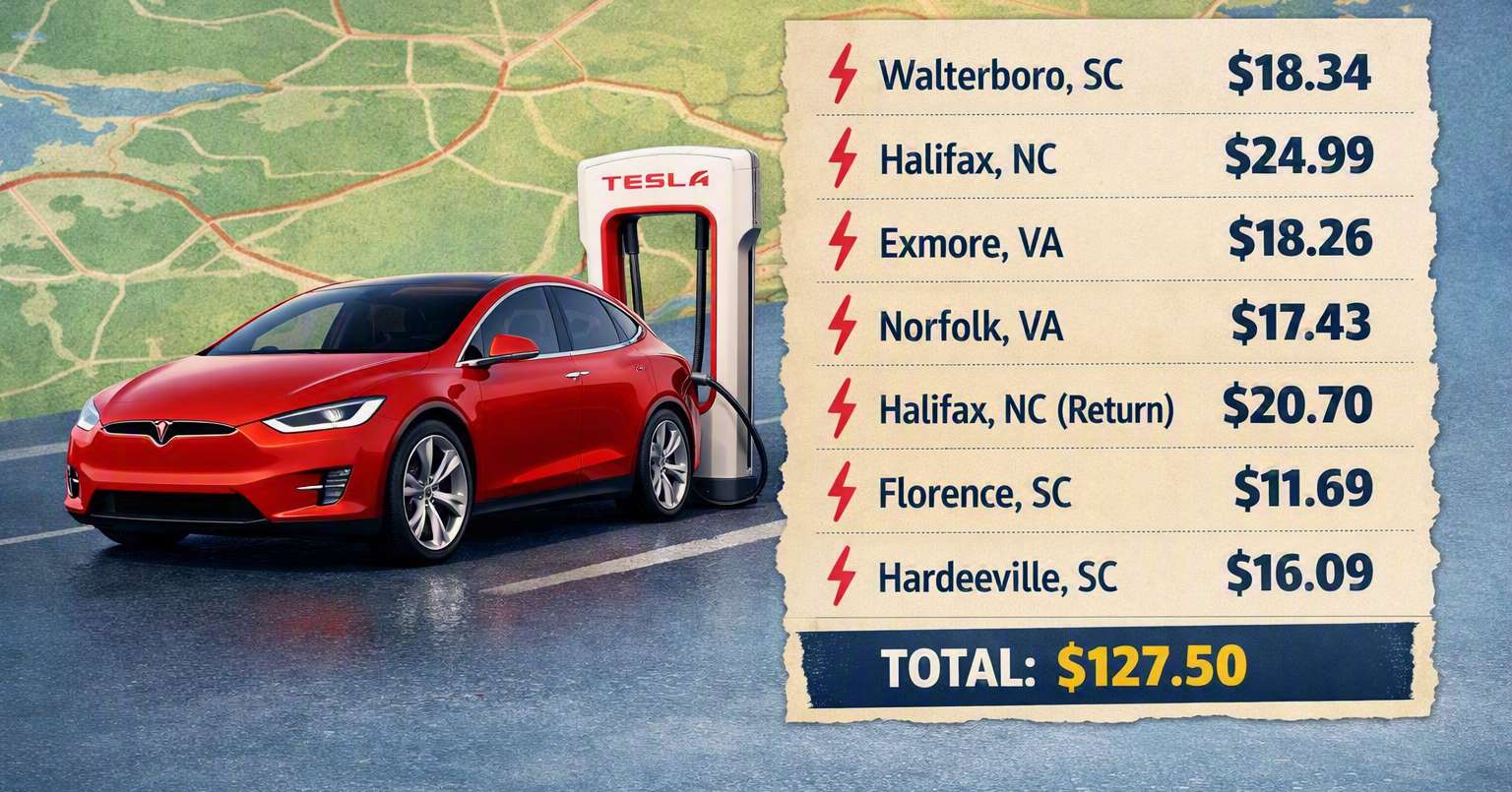 graphic showing the total cost of ev charging for a 1400 mile road trip. it was $127.50