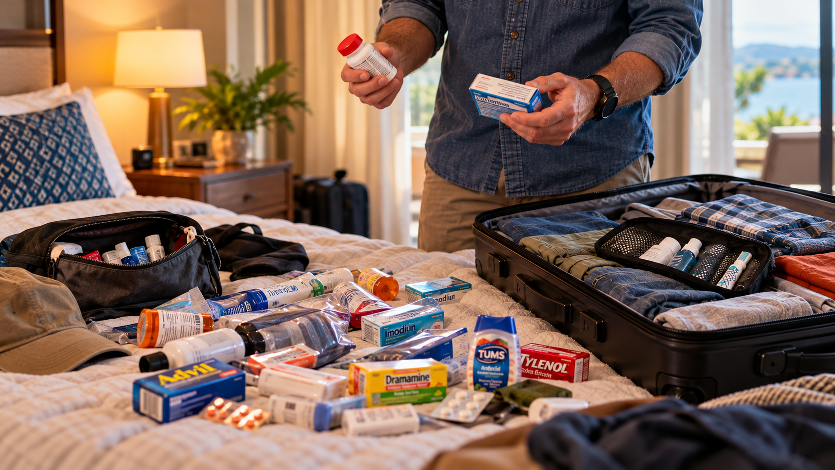 Traveler sorting through an assortment of over-the-counter medications on a bed beside an open suitcase before an international trip.