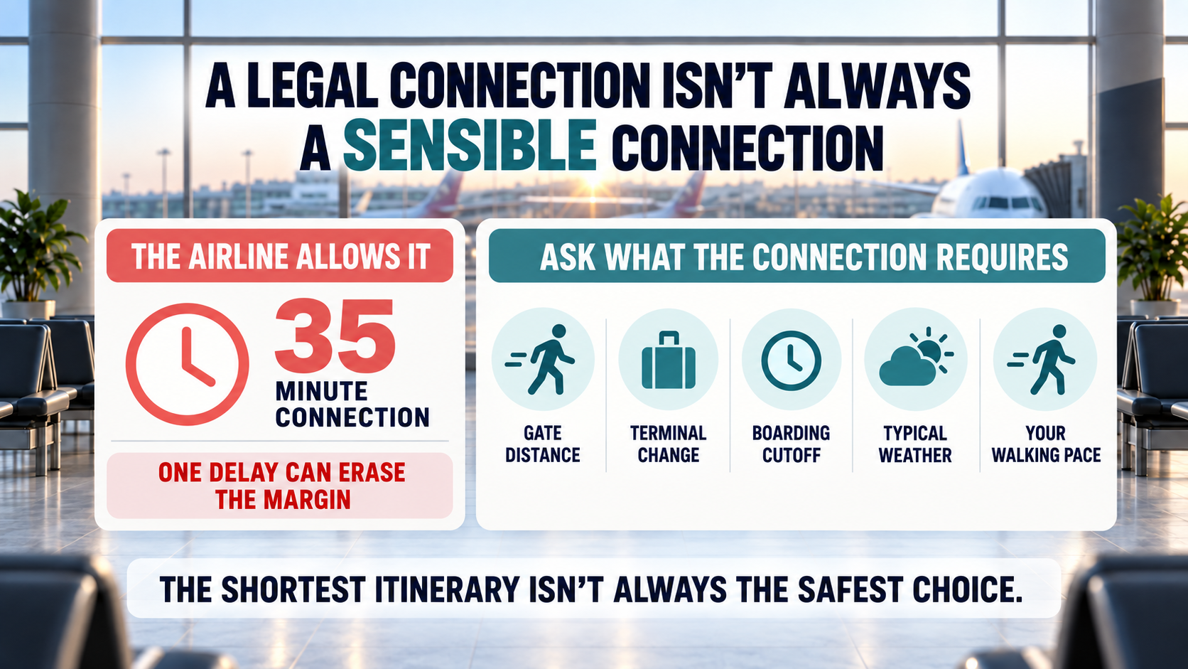 Airport connection graphic contrasting an airline-approved 35-minute connection with practical considerations including gate distance, terminal changes, boarding cutoff time, typical weather and the traveler’s walking pace.