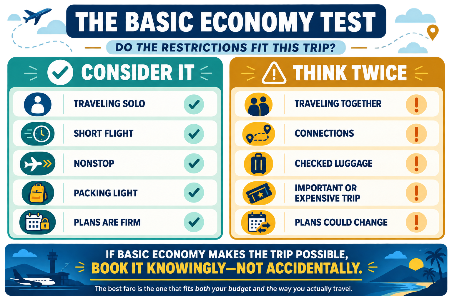 Basic Economy decision guide suggesting it for solo travelers taking short nonstop flights with light luggage and firm plans, while advising caution for companions, connecting flights, checked luggage, important trips or uncertain plans.