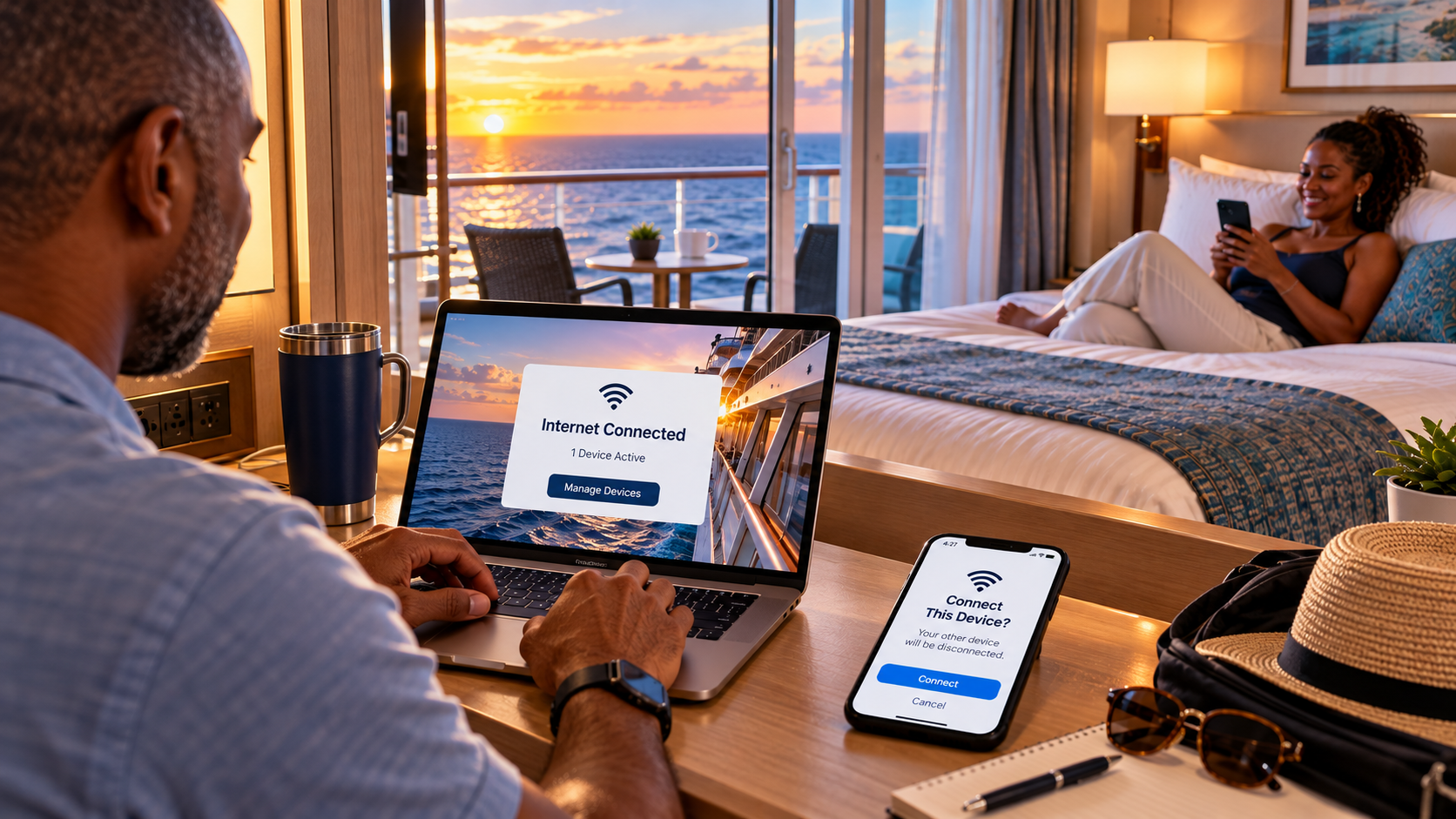Couple in a cruise ship cabin using a laptop and smartphones, illustrating how cruise Wi-Fi device limits and connection switching work.