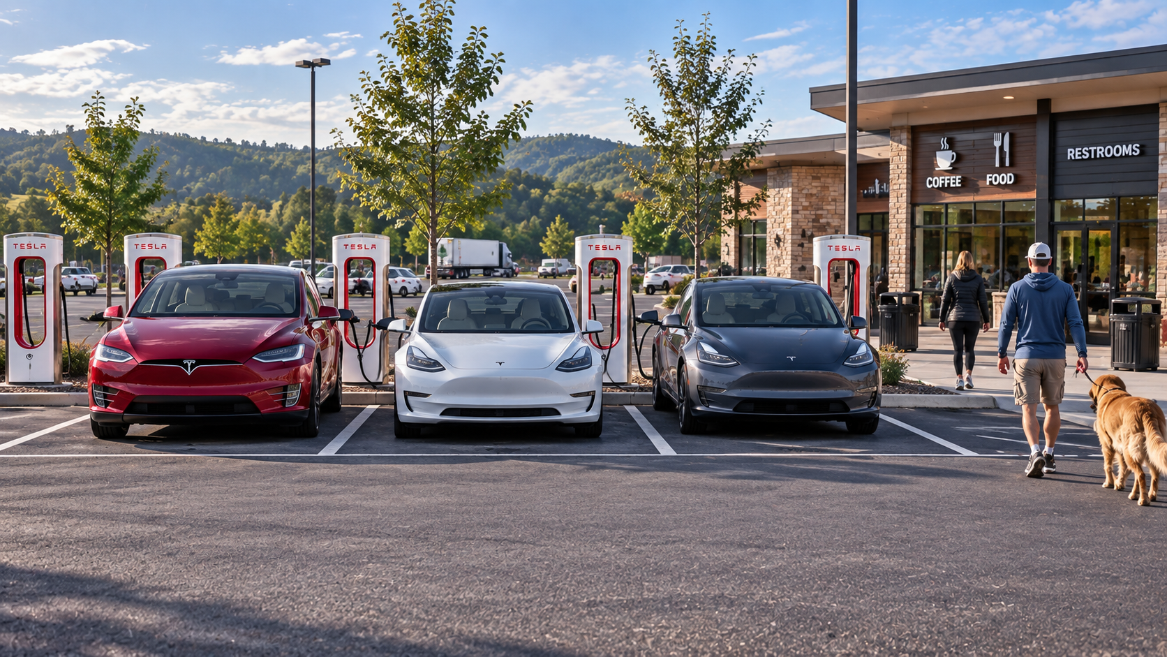 Tesla vehicles backed into Supercharger stalls while travelers stop for coffee, food, restrooms and a dog walk.