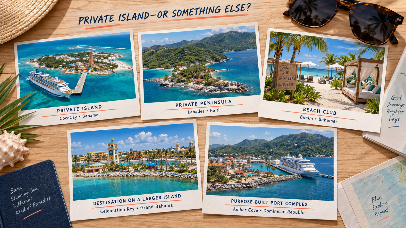 Five types of cruise destinations: CocoCay as a private island, Labadee as a private peninsula, Bimini as a beach club, Celebration Key as a destination on a larger island and Amber Cove as a purpose-built port complex.