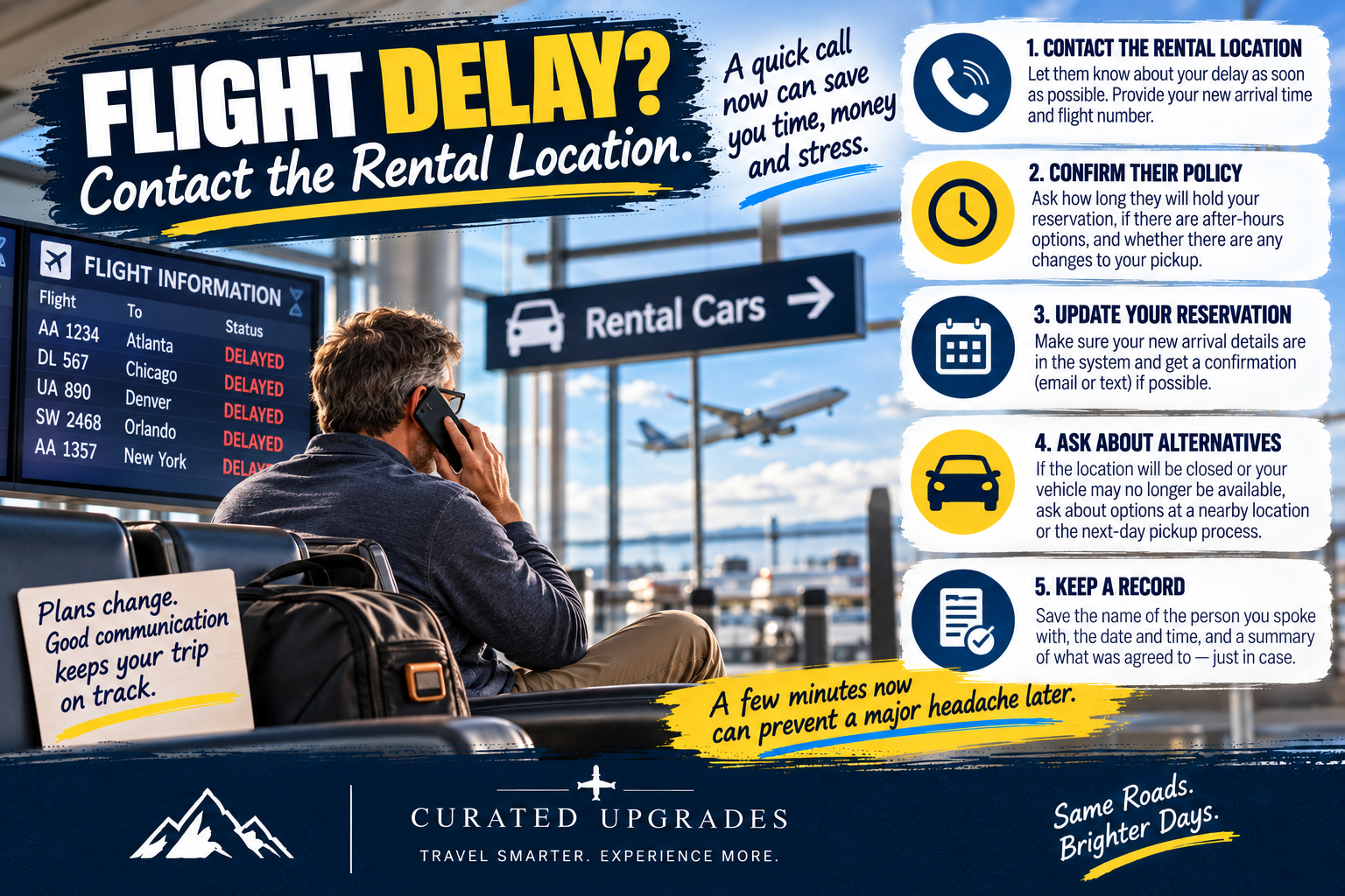 Traveler calling a rental car location from an airport after a flight delay, with steps for confirming the reservation, updating arrival information, asking about alternatives and documenting what was agreed.