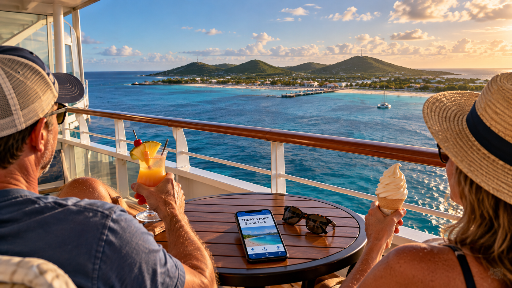 Cruise passenger relaxing with an umbrella drink while a phone shows San Juan canceled and an extra sea day added to the itinerary.