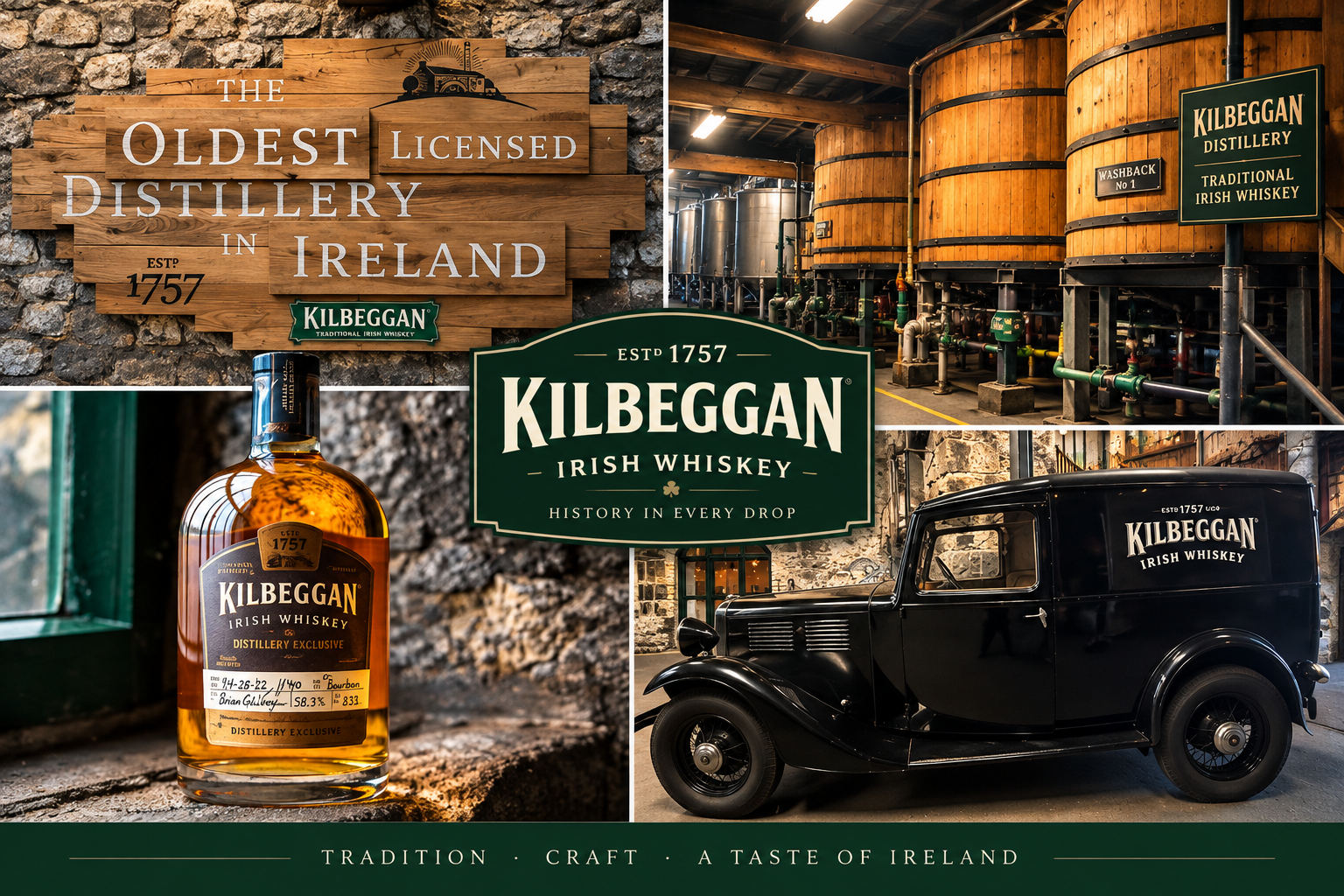 Collage of Kilbeggan Distillery featuring its historic 1757 sign, traditional wooden whiskey vats, a cask-filled bottle of Irish whiskey, and a vintage Kilbeggan delivery vehicle.