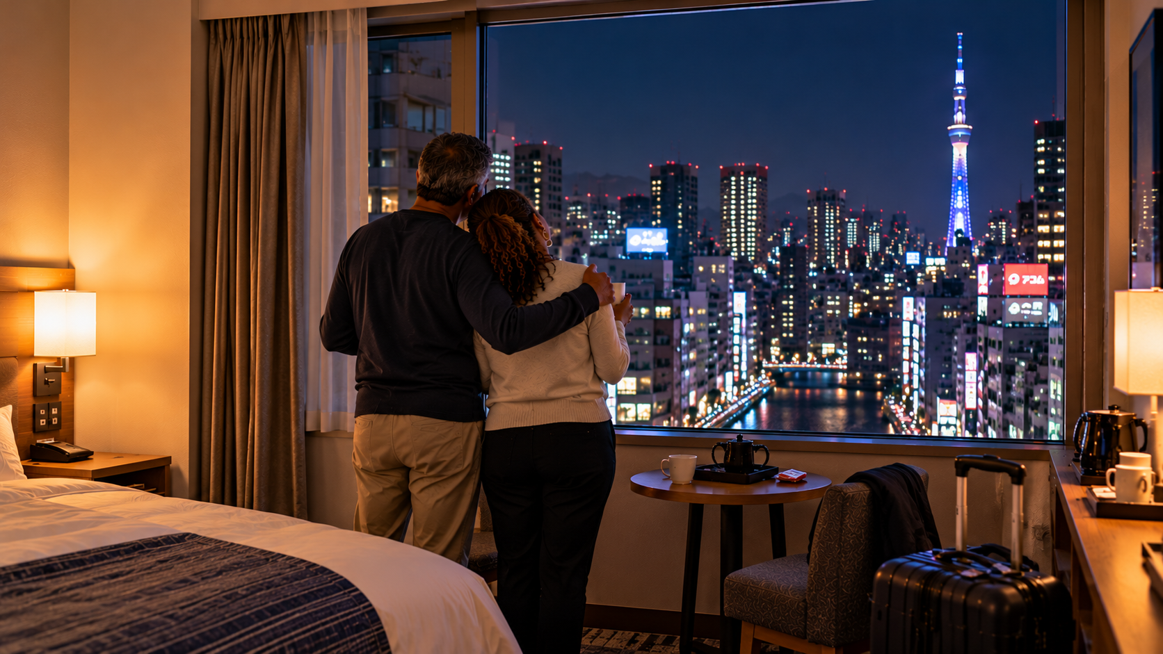 A couple embraces beside the window of their Tokyo hotel room at night, looking out over the illuminated city skyline after a long journey.