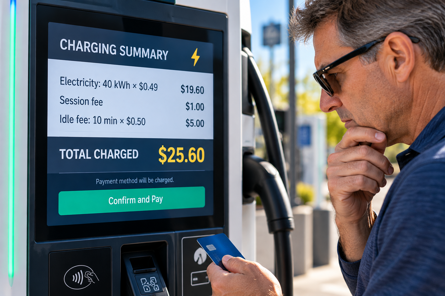 Public EV charging summary displaying $19.60 for electricity, a $1 session fee, a $5 idle fee, and a total charge of $25.60.