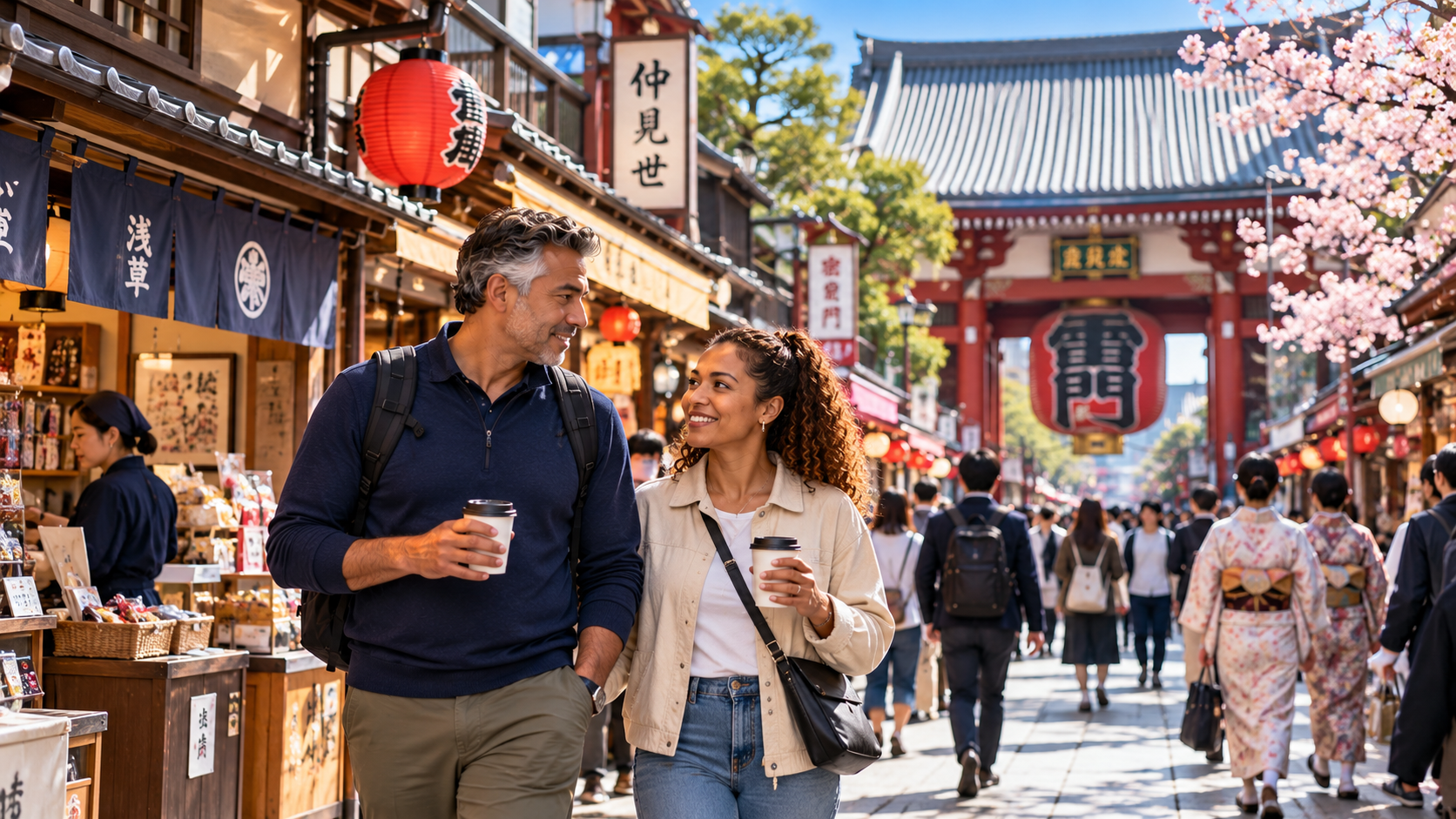 Alt text: A couple enjoys coffee while strolling through Tokyo's Asakusa district on a sunny morning, with traditional Japanese shops and the famous Kaminarimon gate behind them.