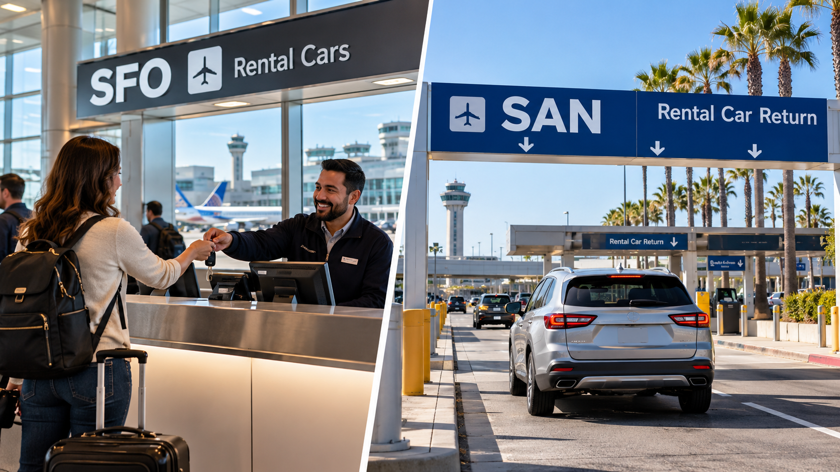Split-screen showing a traveler collecting rental car keys at San Francisco International Airport and a vehicle approaching rental car return at San Diego International Airport.