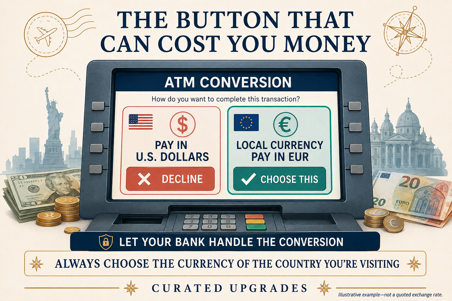 ATM screen advising travelers to decline conversion into U.S. dollars and choose the destination’s local currency