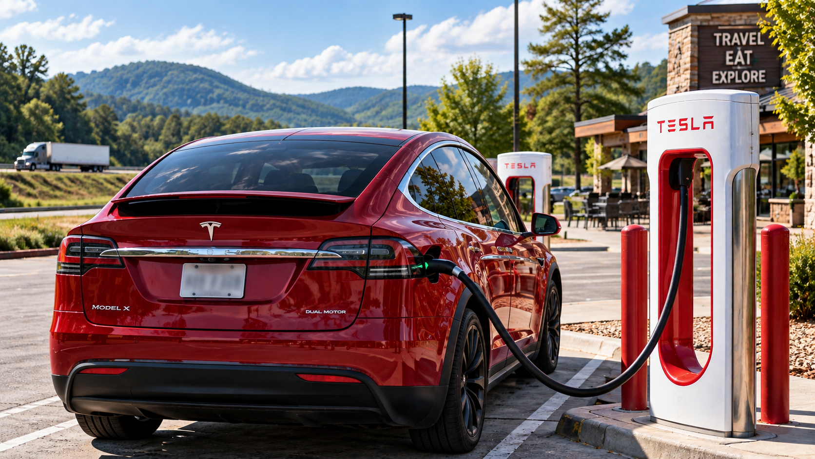 Red Tesla Model X on a road trip illustrating a real-world comparison of EV charging costs and gasoline costs.