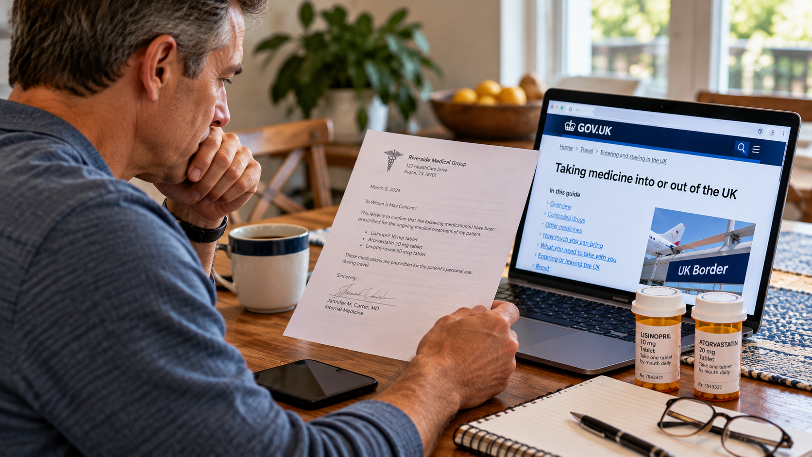 Traveler checking international medication import requirements while reviewing a letter from a doctor.