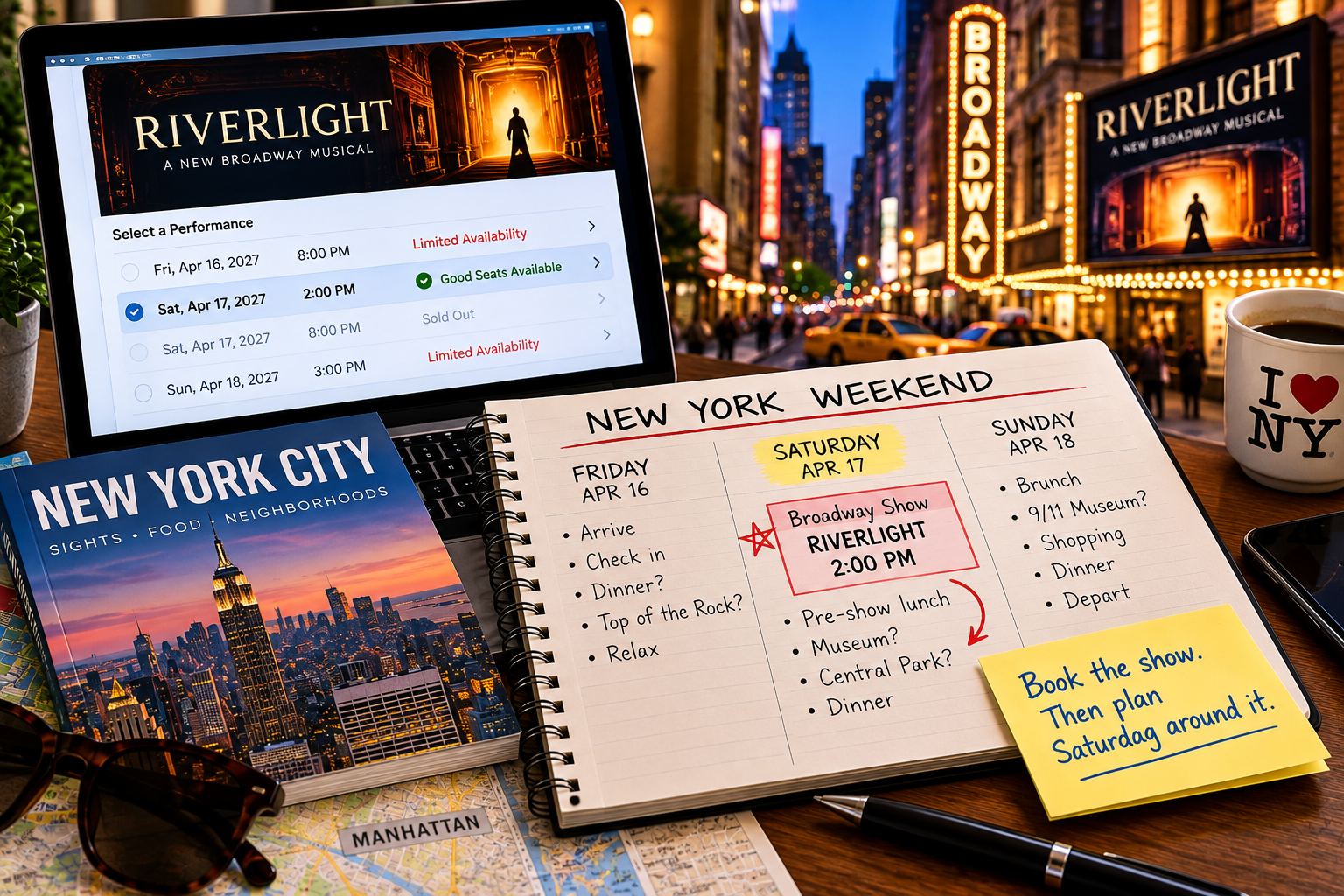 New York weekend planning scene showing several Broadway performance times with limited availability, a sold-out performance and a Saturday matinee selected before planning the rest of the day.