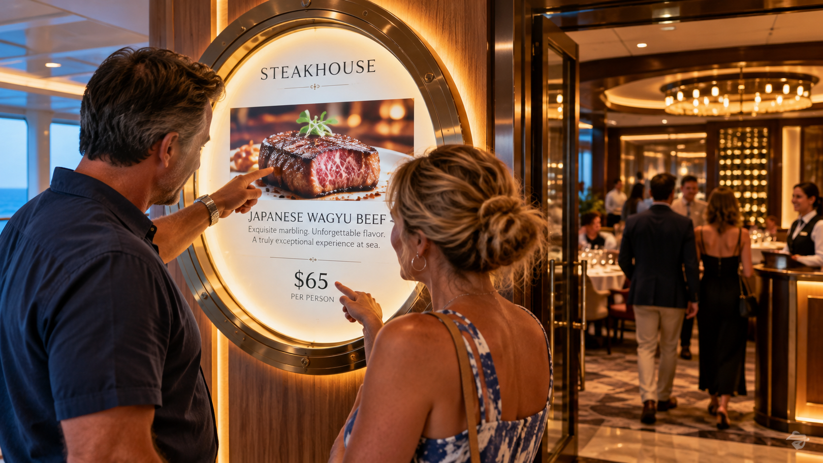 Couple considering a cruise ship specialty steakhouse, with the husband pointing to Japanese Wagyu beef and his wife pointing to the $65-per-person price.