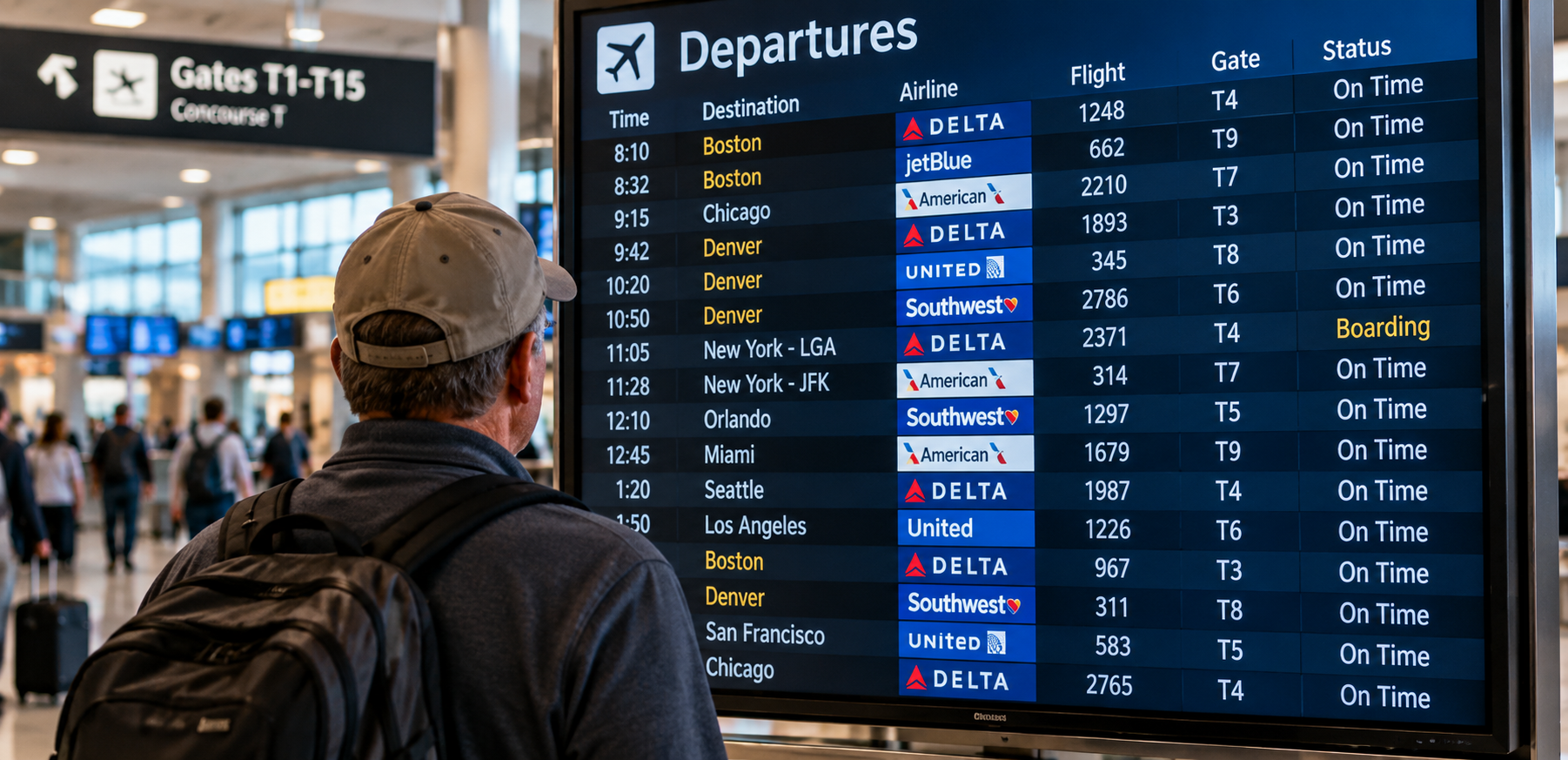 Airport departures board showing multiple airlines flying to the same destinations, illustrating that airline loyalty should not prevent travelers from comparing their options.