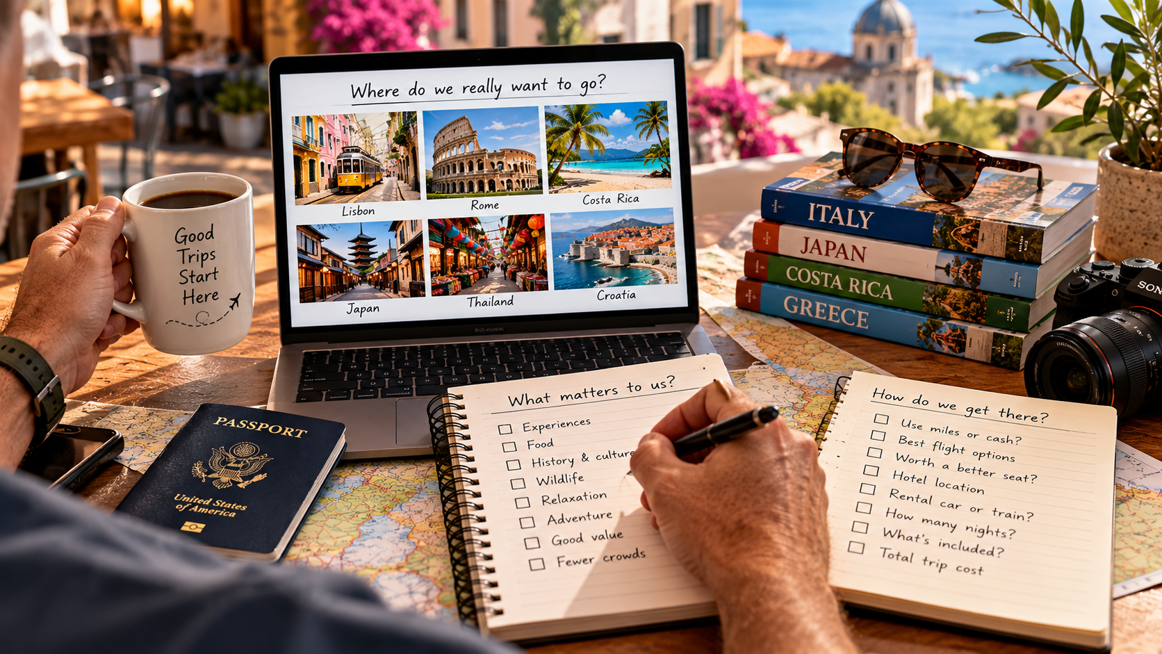Traveler comparing destinations and making notes about experiences, culture, wildlife, value and transportation while planning a trip around personal priorities.