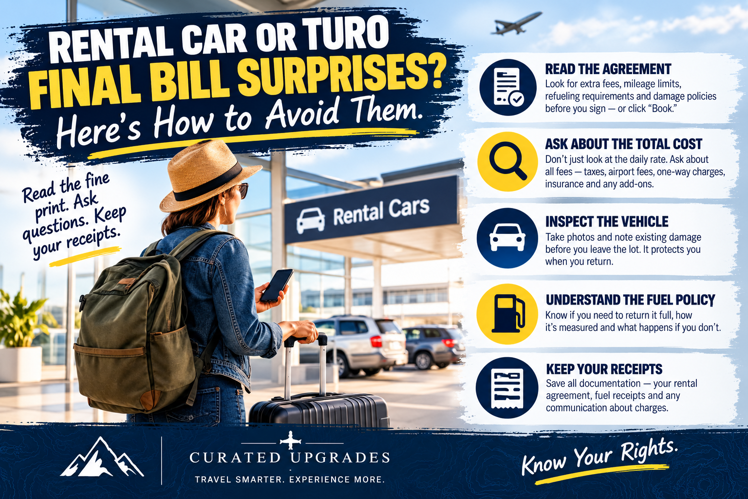 Traveler reviewing a rental car bill with reminders to understand the rental agreement, ask about total costs, inspect the vehicle, understand the fuel policy and keep receipts and documentation.