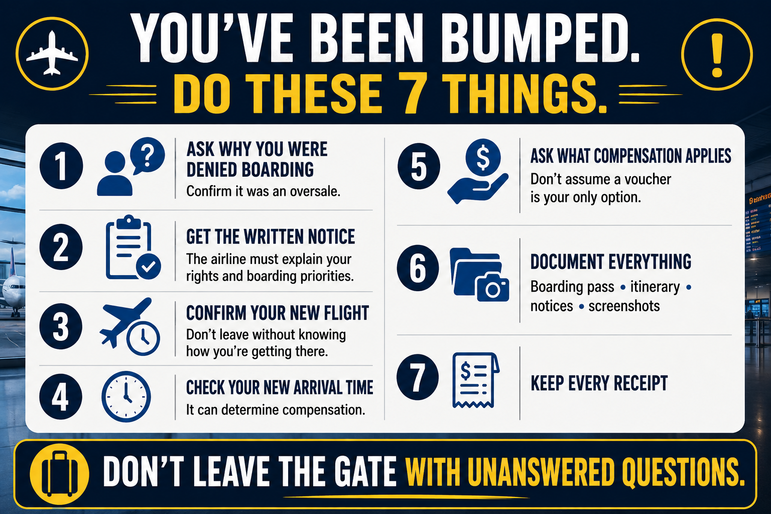 Seven-step checklist for travelers involuntarily bumped from an oversold flight, including documenting the disruption and asking about compensation.
