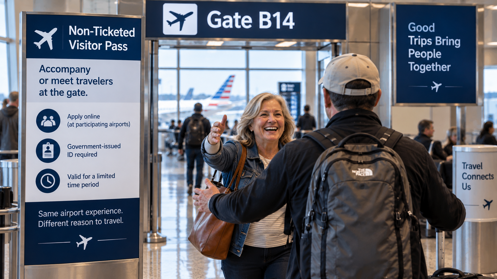 Non-ticketed airport visitor greeting a traveler at the gate after receiving approved secure-area access.
