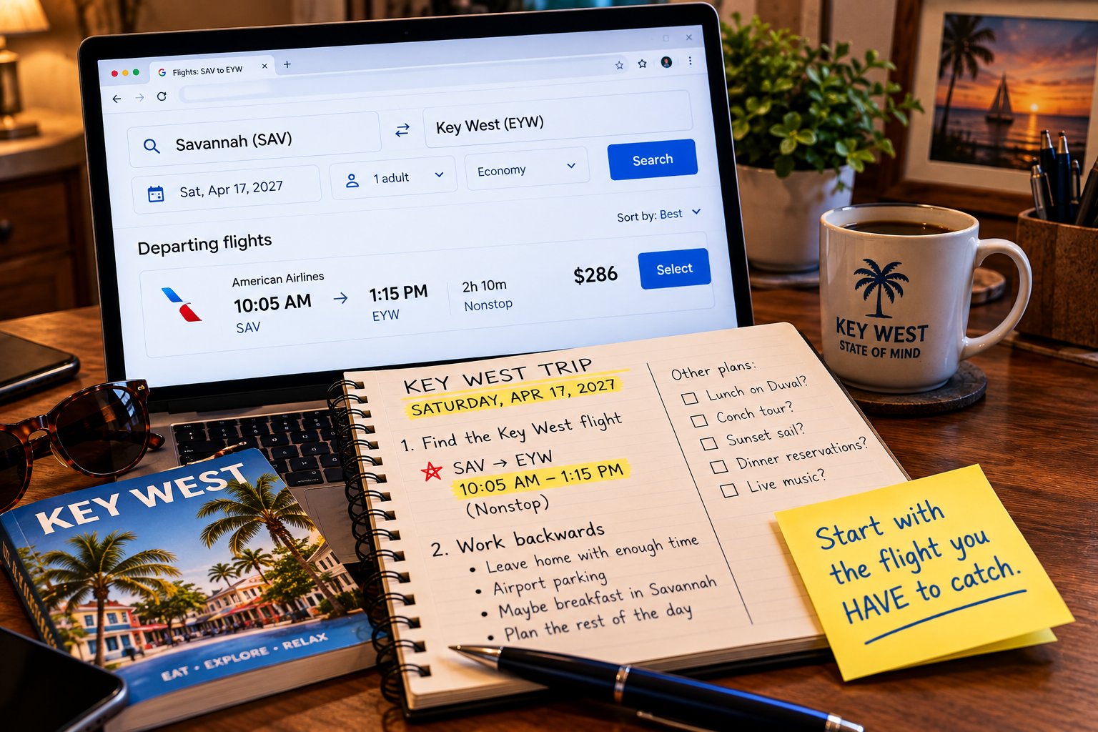 Home-office travel planning scene showing a Savannah to Key West flight search with one useful flight selected and a notebook reminding the traveler to work backward from the flight they need to catch.
