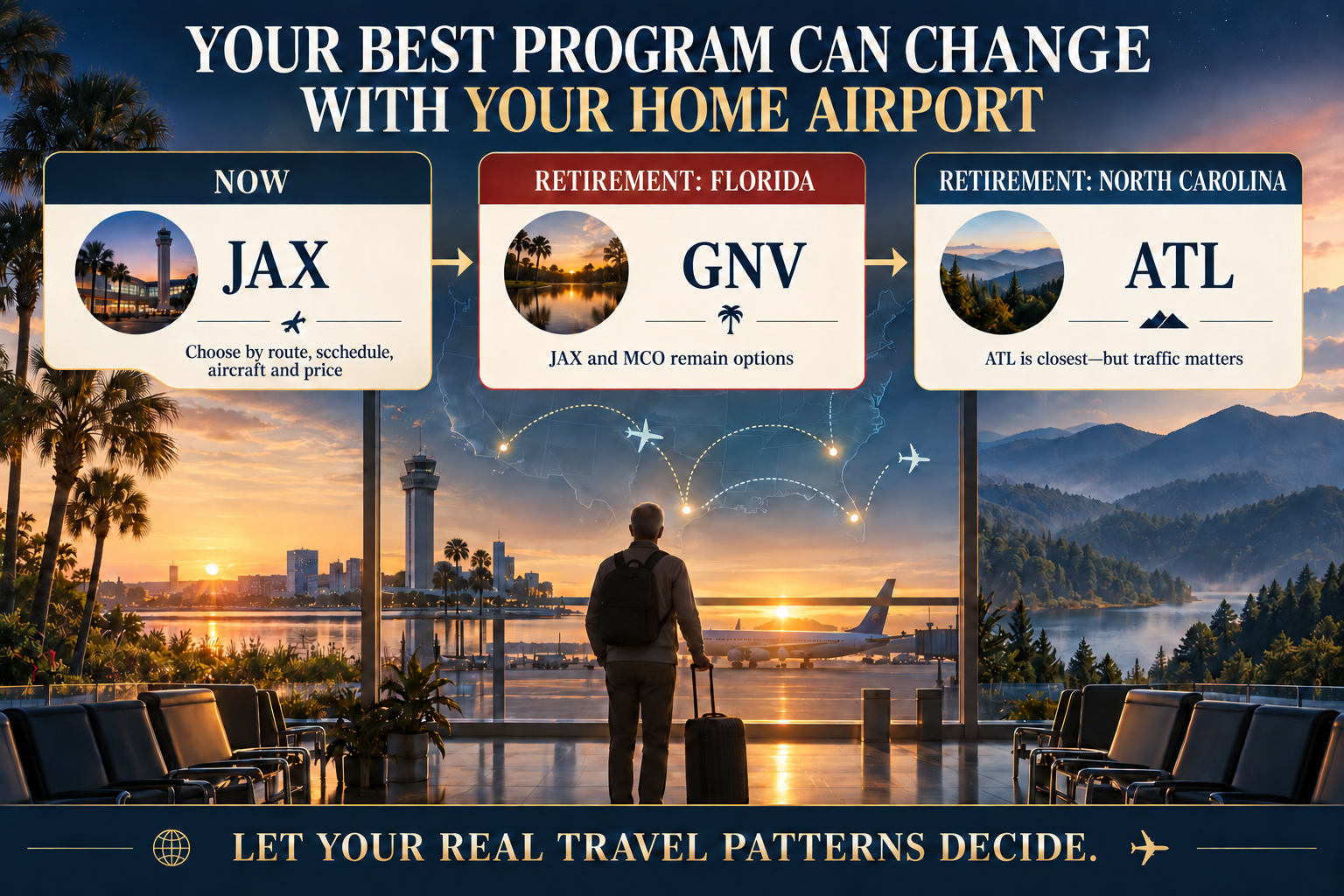 Airport-choice graphic showing how a traveler’s most practical loyalty program may change when nearby airport options shift from JAX to GNV and ATL after retirement.